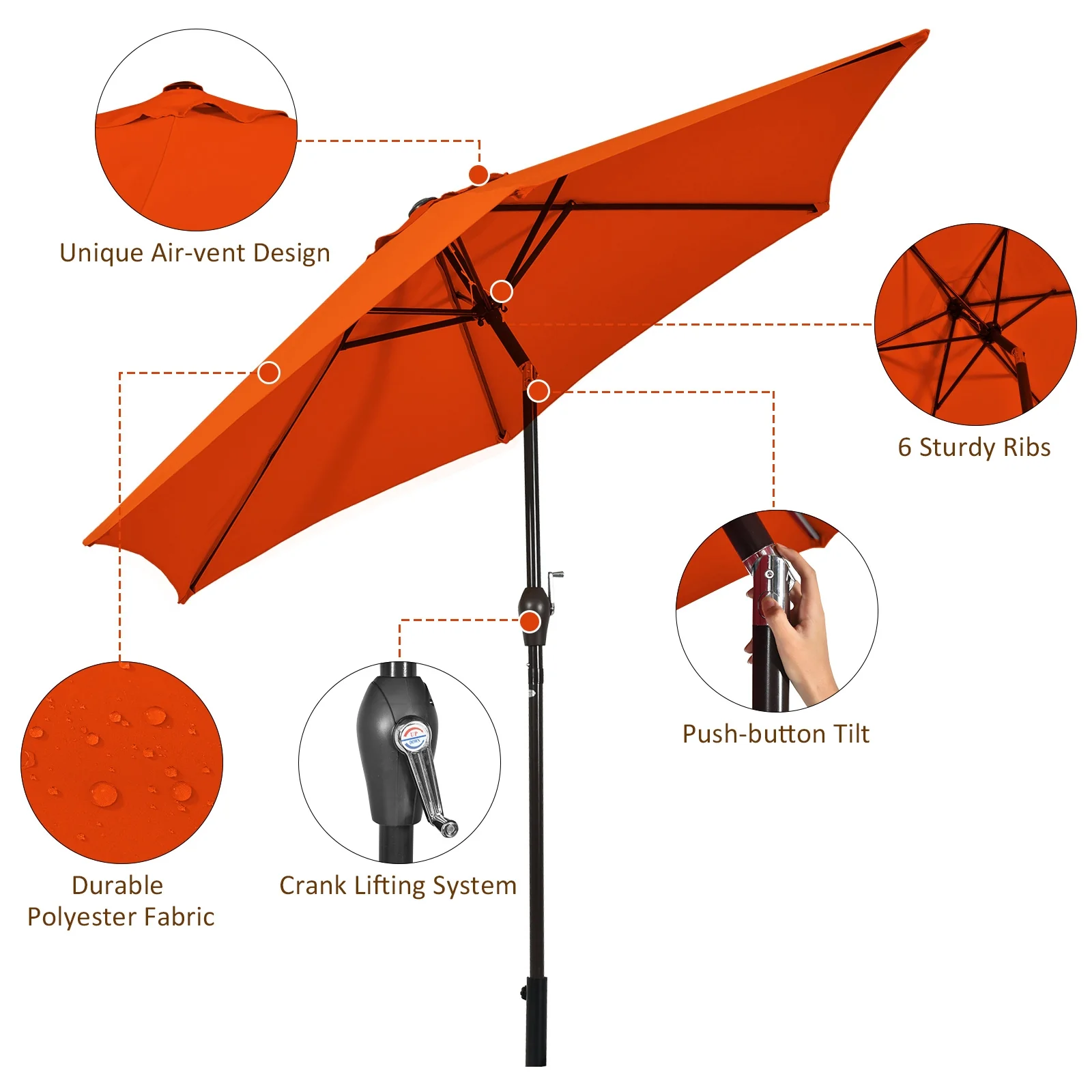 10 Feet Outdoor Patio Umbrella, Tilt Crank, Orange - Image 6