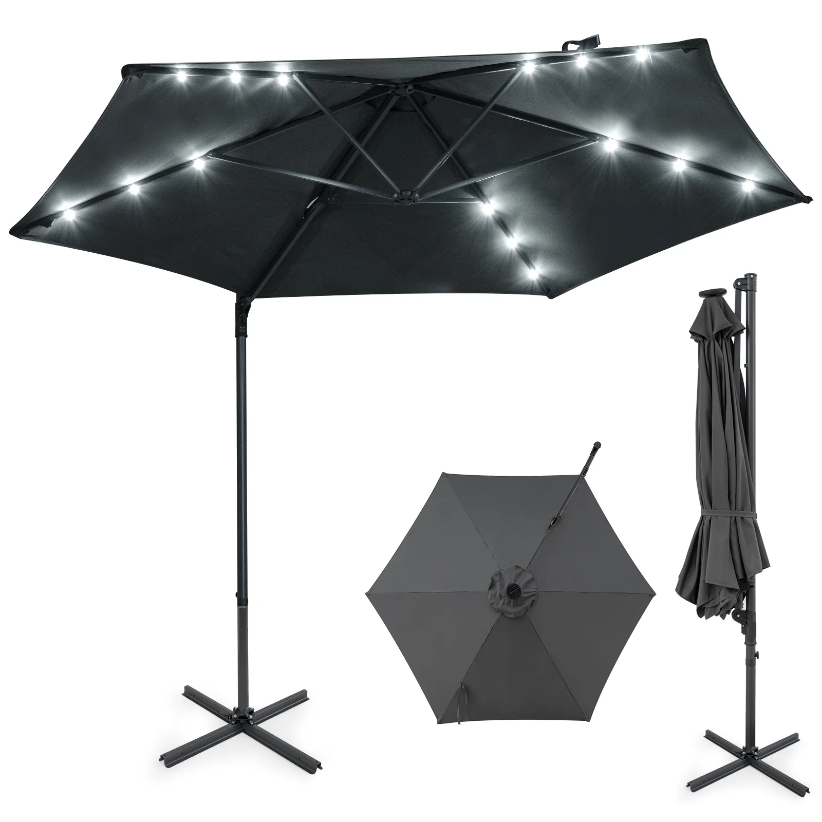 10 Feet Patio Cantilever Umbrella, Solar LED Lights, Gray