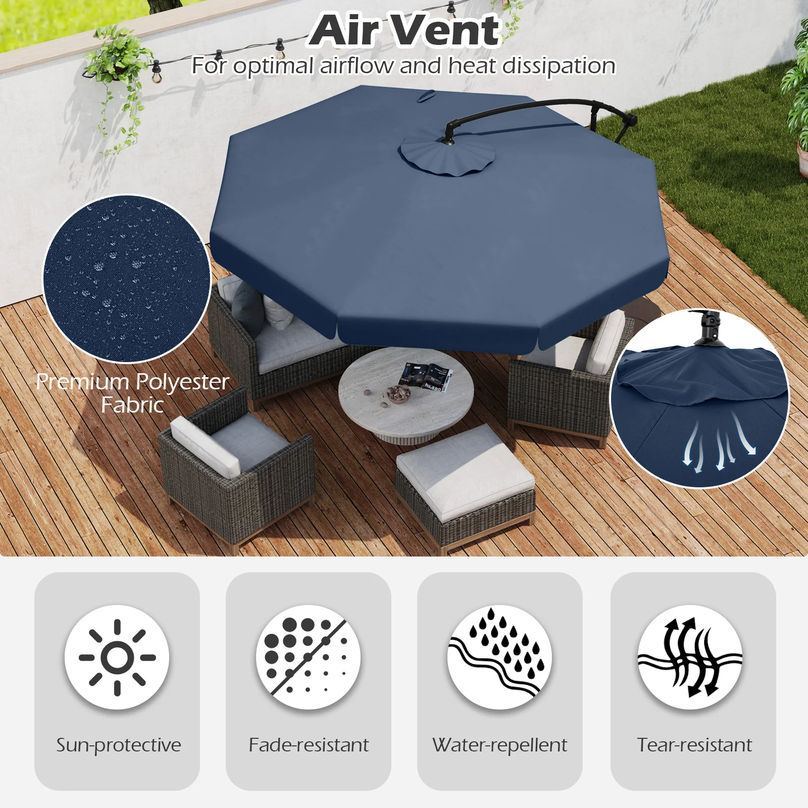 10 Feet Patio Cantilever Umbrella, Tilt Adjustment, Ruffled Edge, Navy - Image 9