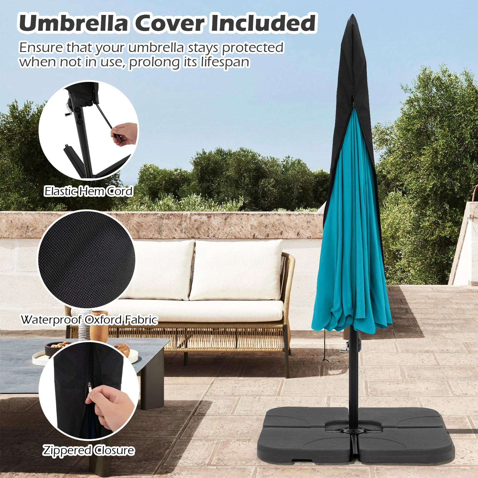 10 Feet Patio Cantilever Umbrella, Tilt Adjustment, Ruffled Edge, Turquoise - Image 10