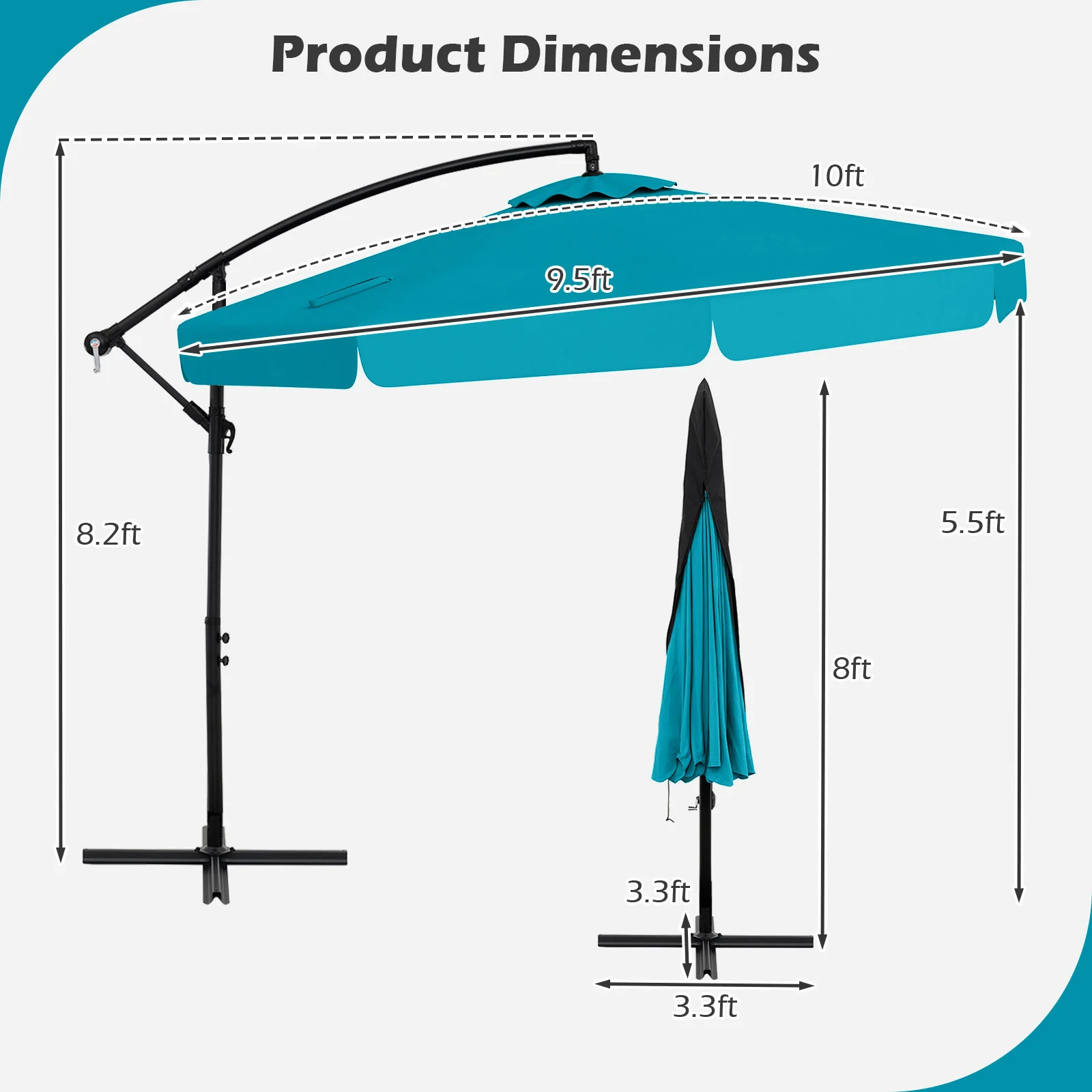 10 Feet Patio Cantilever Umbrella, Tilt Adjustment, Ruffled Edge, Turquoise - Image 5