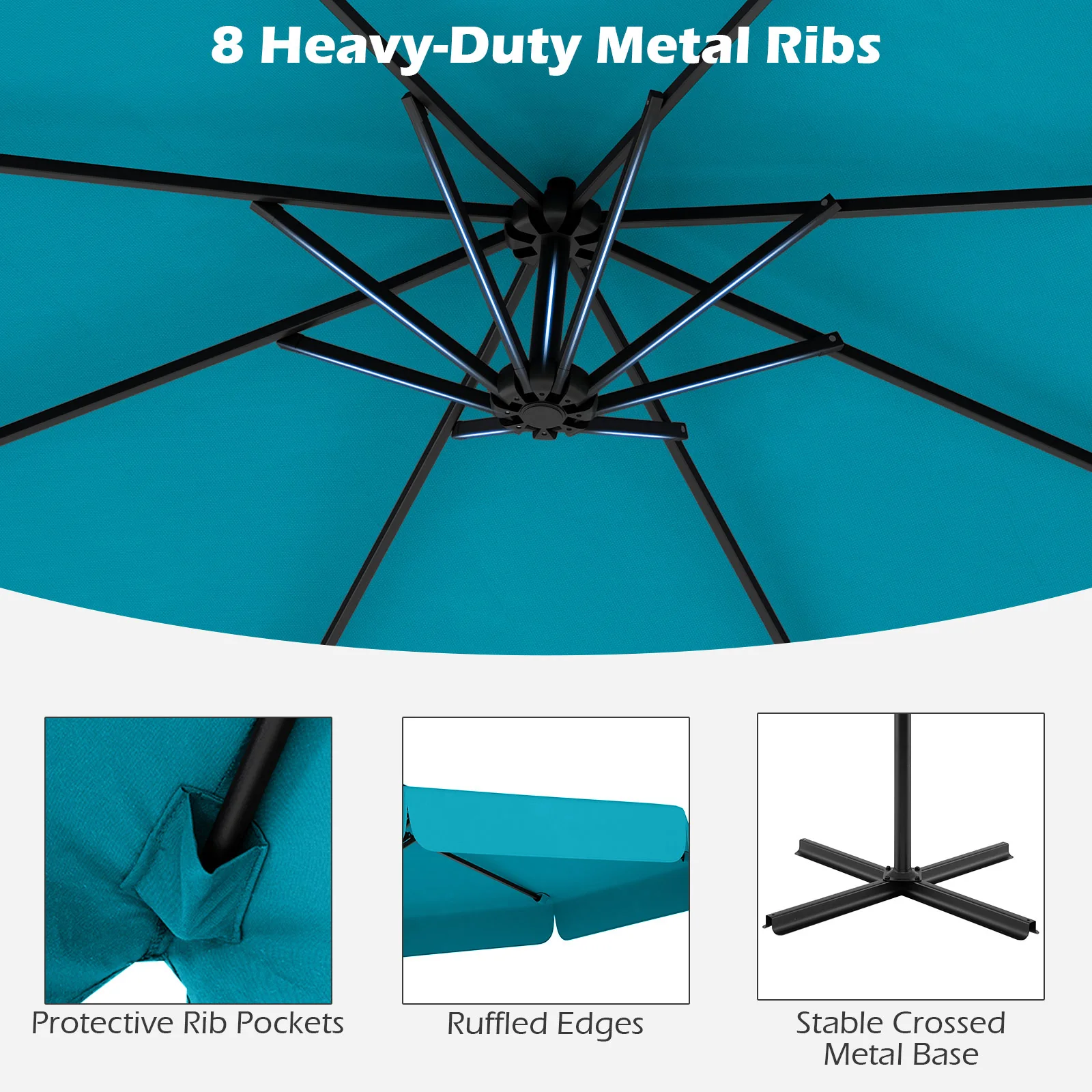 10 Feet Patio Cantilever Umbrella, Tilt Adjustment, Ruffled Edge, Turquoise - Image 8