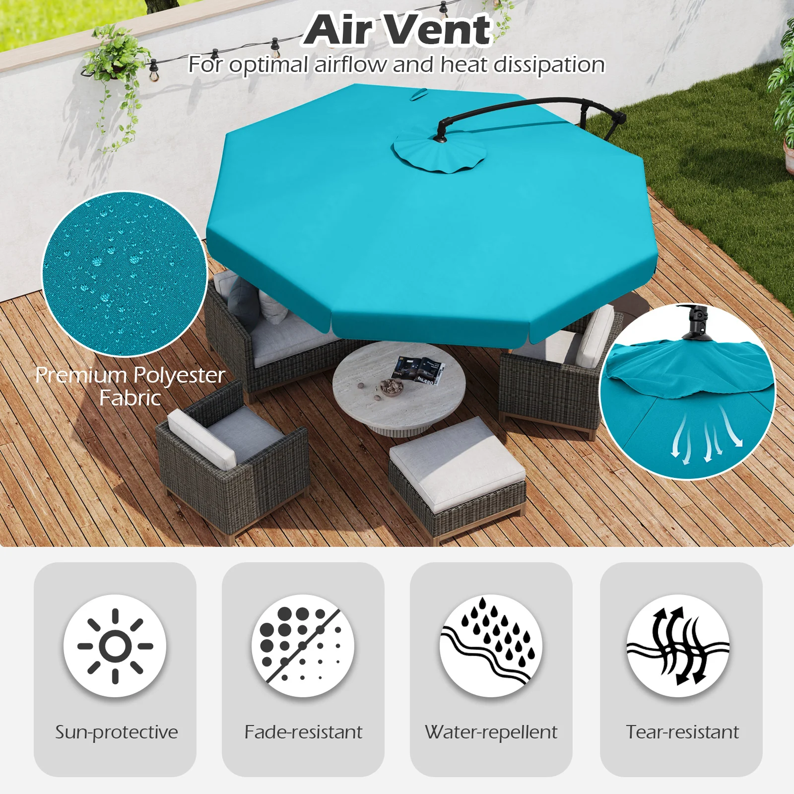 10 Feet Patio Cantilever Umbrella, Tilt Adjustment, Ruffled Edge, Turquoise - Image 9