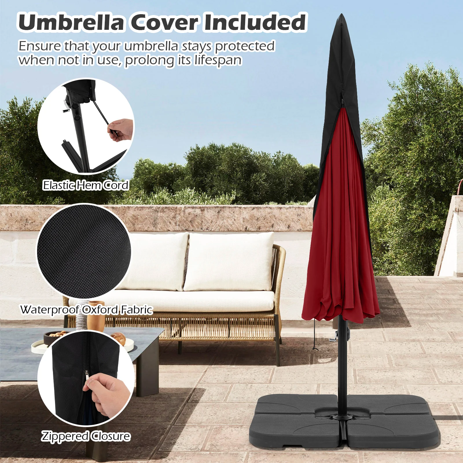 10 Feet Patio Cantilever Umbrella, Tilt Adjustment, Ruffled Edge, Wine - Image 10