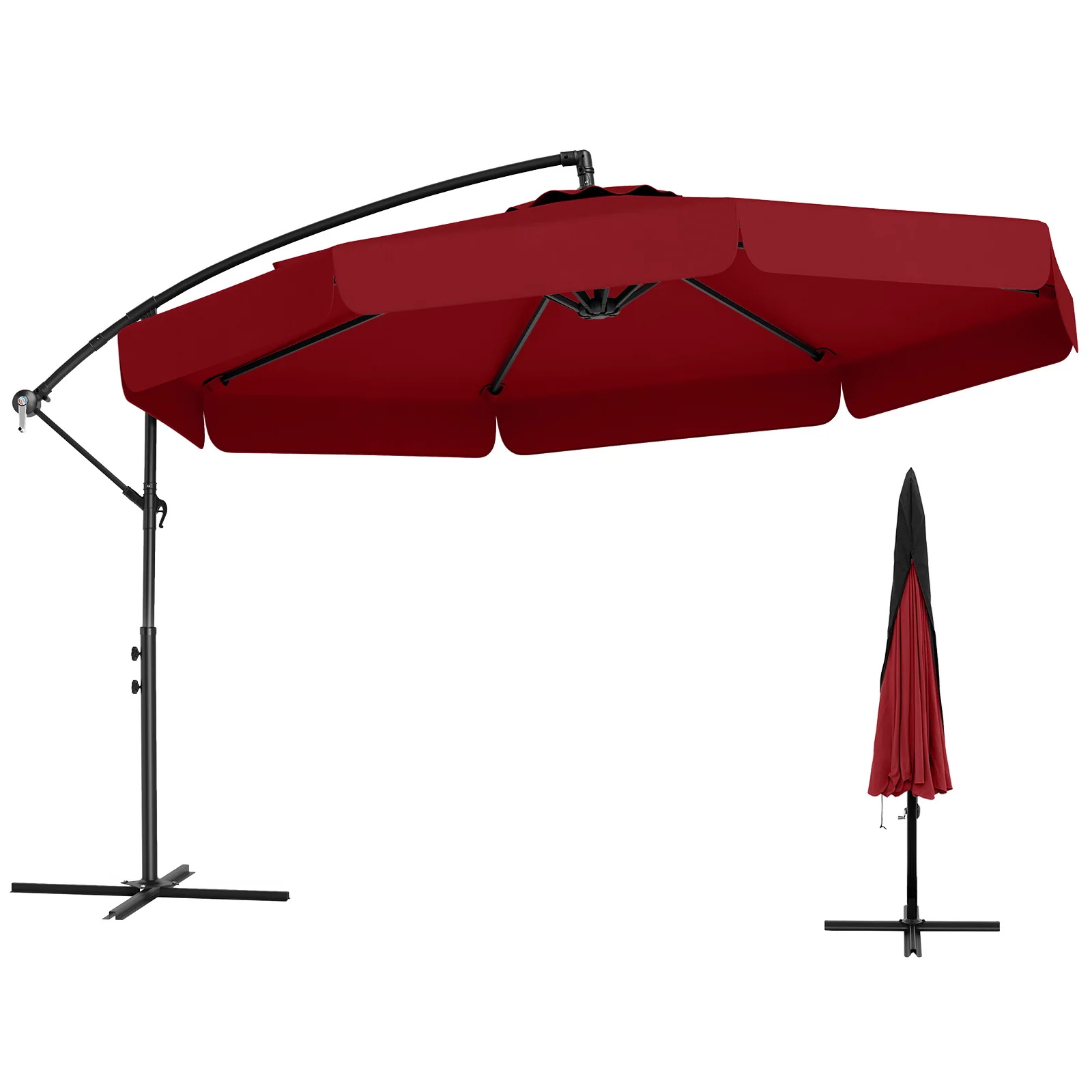 10 Feet Patio Cantilever Umbrella, Tilt Adjustment, Ruffled Edge, Wine - Image 4