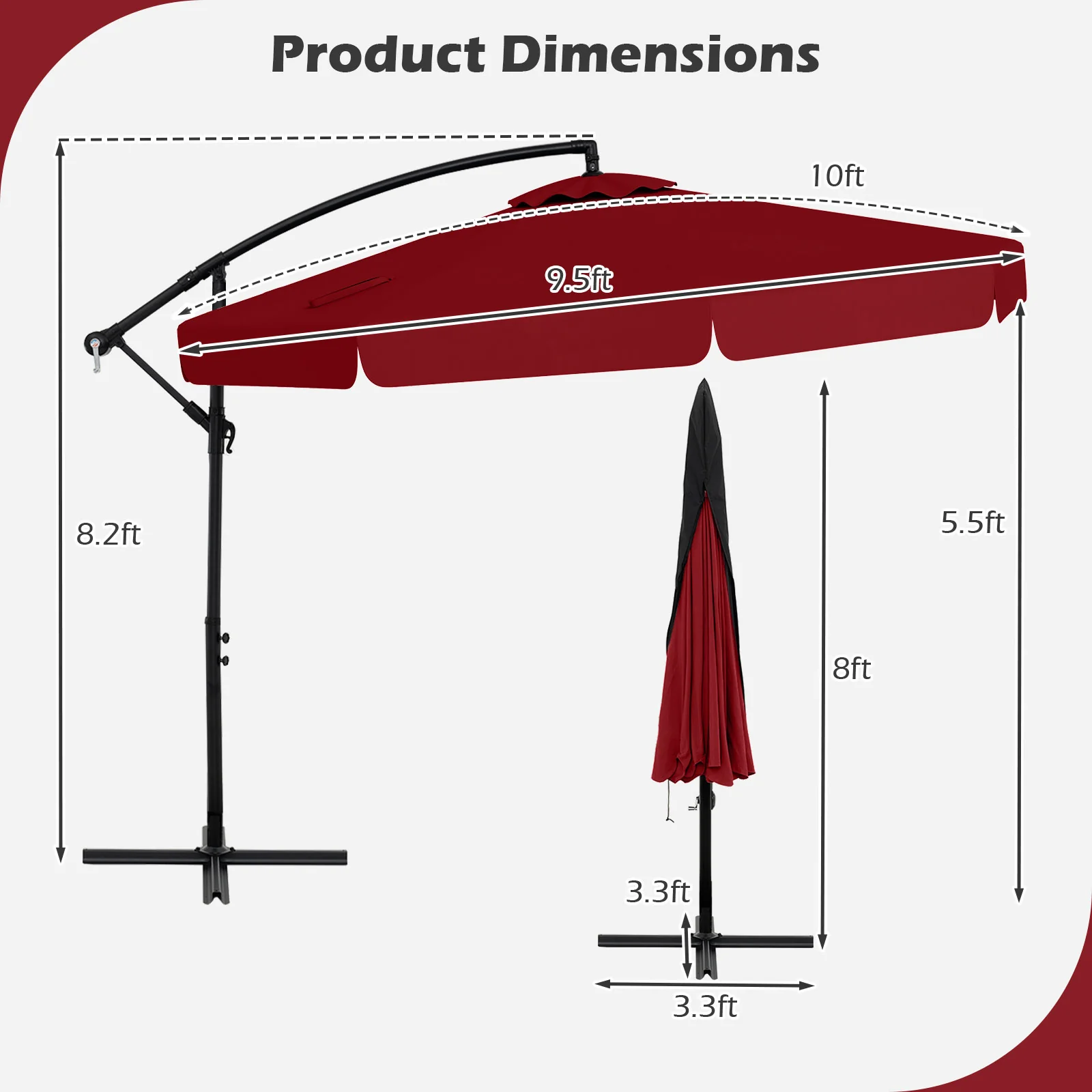 10 Feet Patio Cantilever Umbrella, Tilt Adjustment, Ruffled Edge, Wine - Image 5