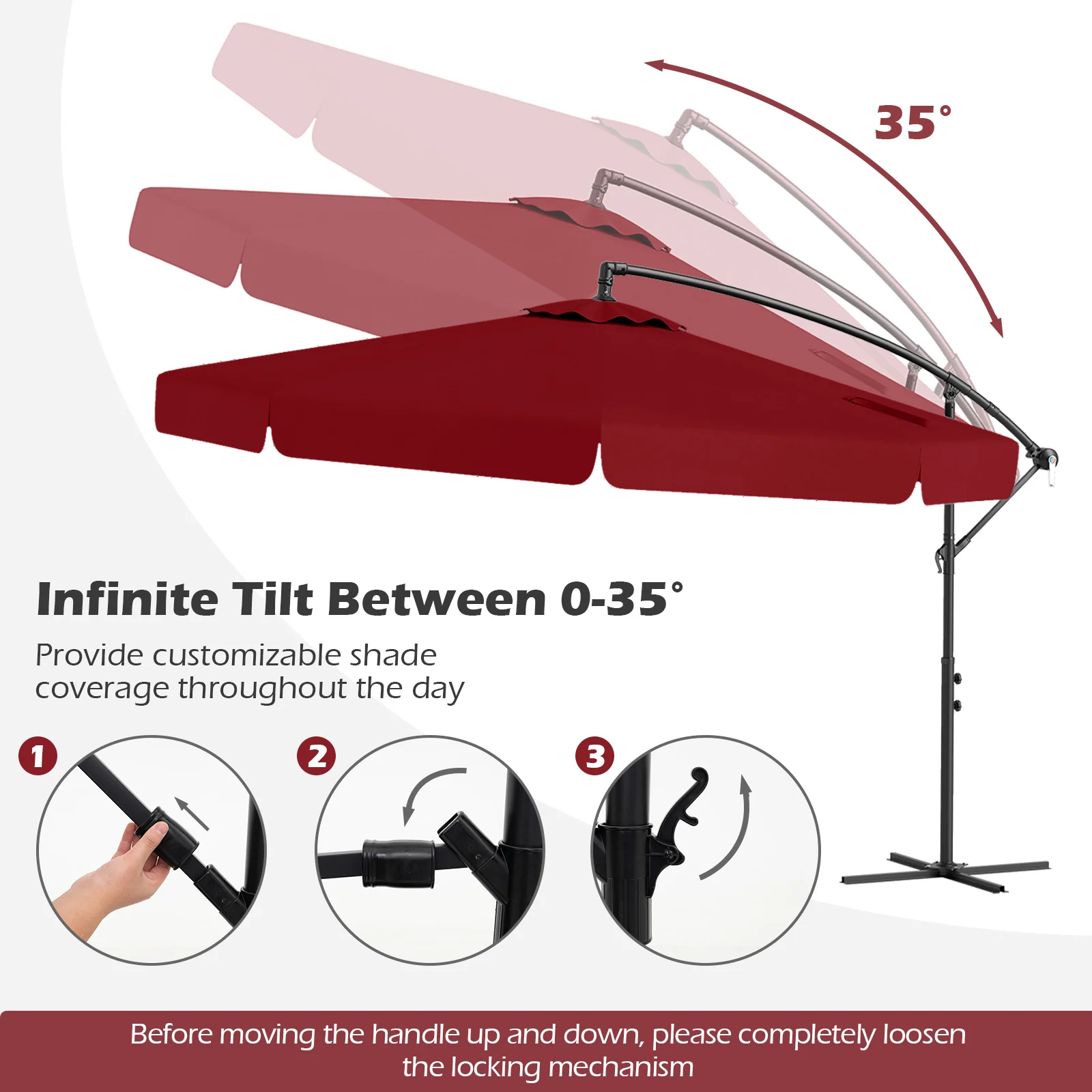 10 Feet Patio Cantilever Umbrella, Tilt Adjustment, Ruffled Edge, Wine - Image 7