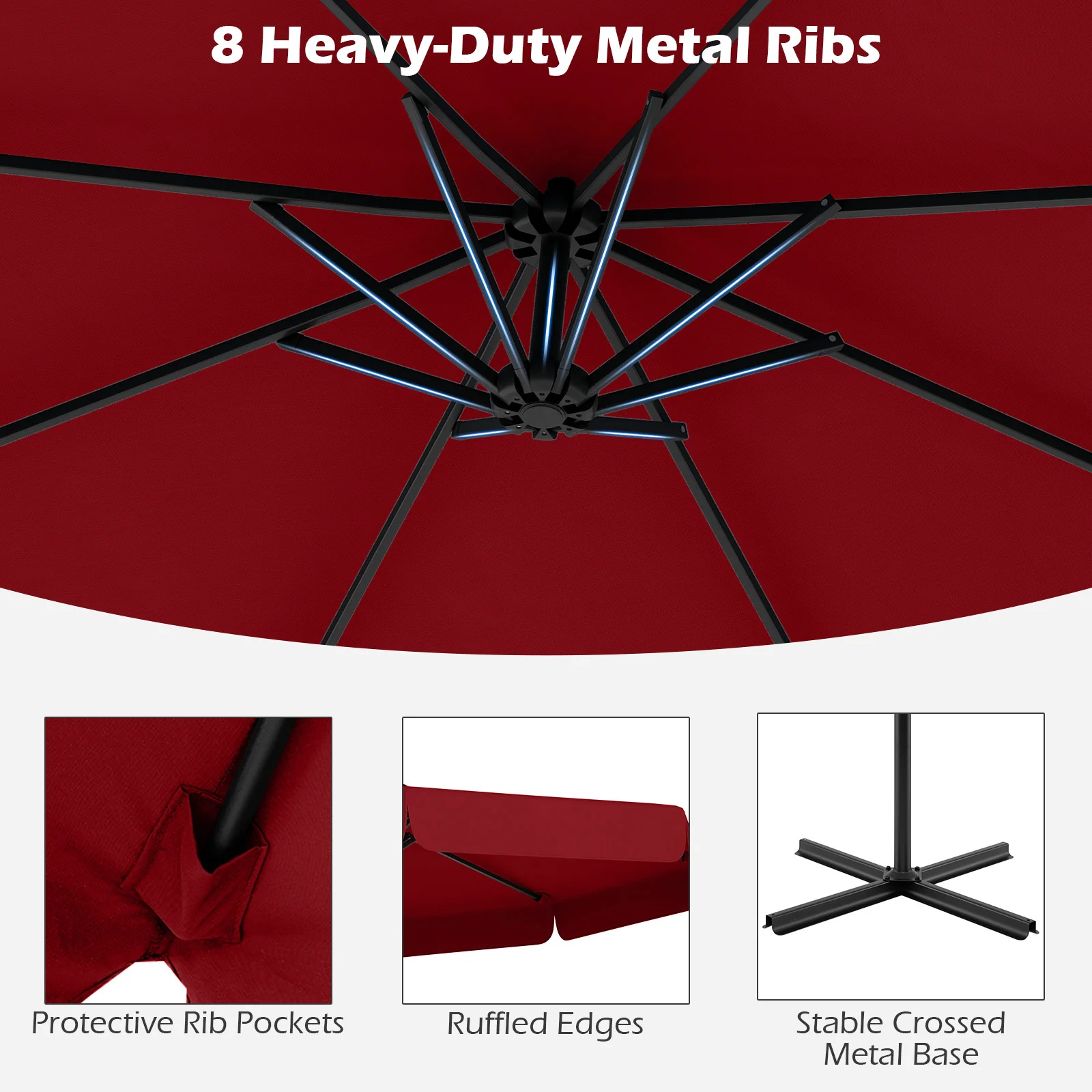 10 Feet Patio Cantilever Umbrella, Tilt Adjustment, Ruffled Edge, Wine - Image 8