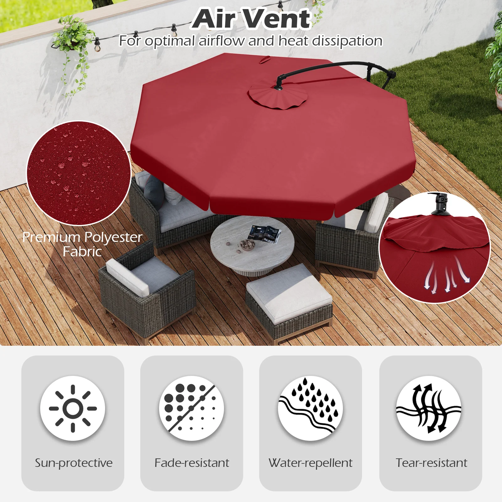 10 Feet Patio Cantilever Umbrella, Tilt Adjustment, Ruffled Edge, Wine - Image 9
