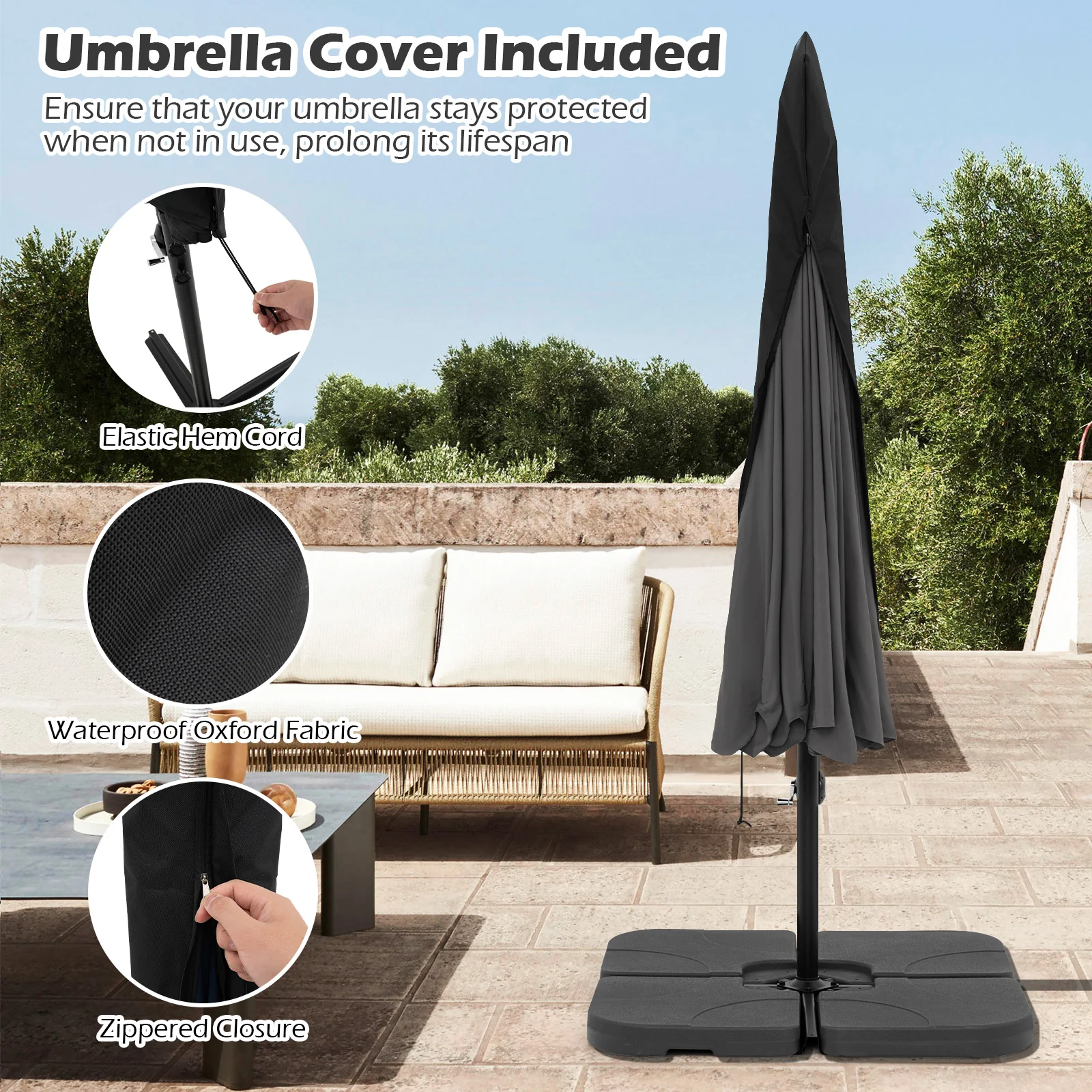 10 Feet Patio Cantilever Umbrella, With Cover And Tilt, Gray - Image 10