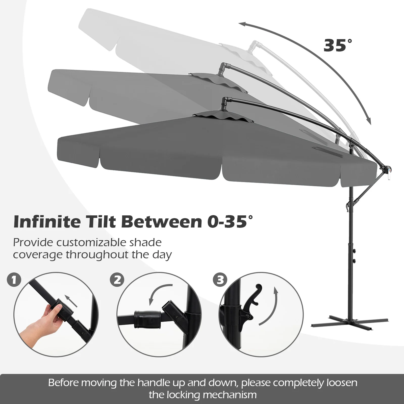 10 Feet Patio Cantilever Umbrella, With Cover And Tilt, Gray - Image 7