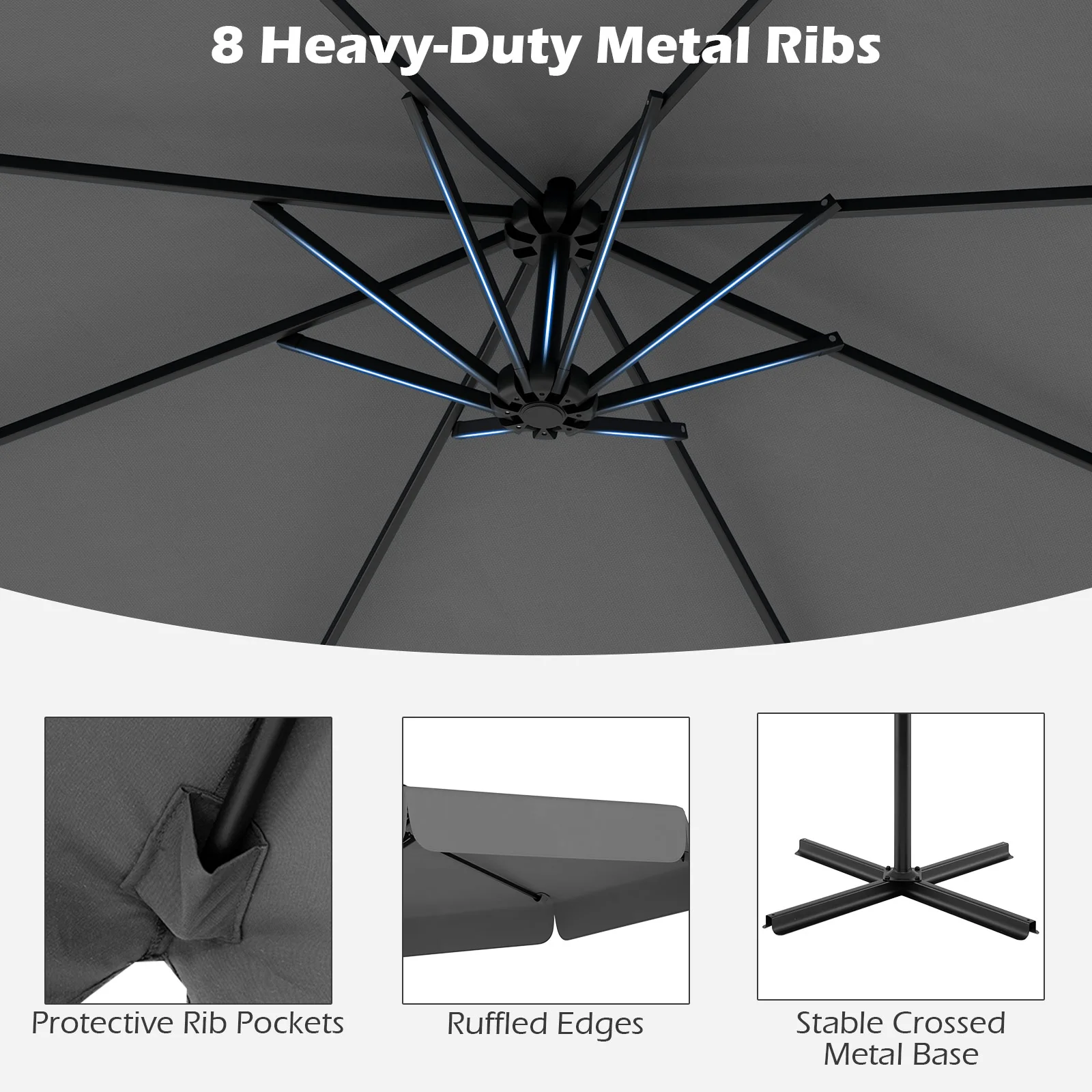10 Feet Patio Cantilever Umbrella, With Cover And Tilt, Gray - Image 8