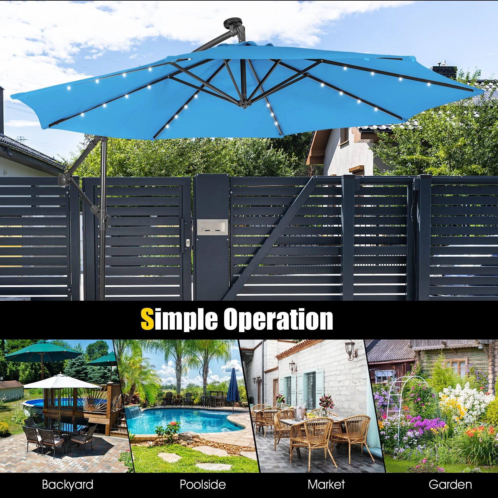10 Feet Patio Solar Cantilever Umbrella, Tilting System, Blue - Image 6