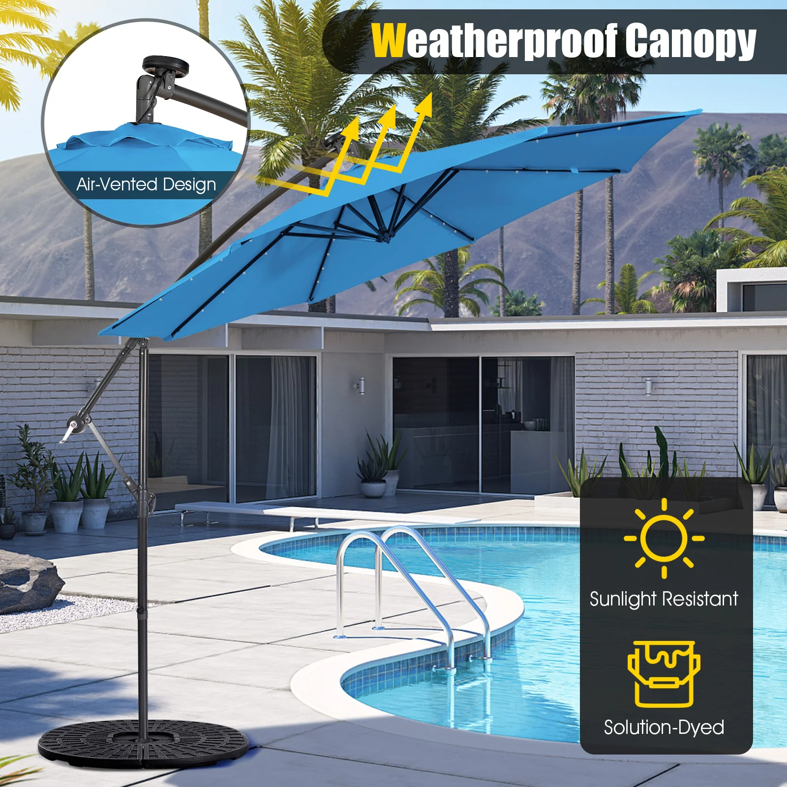 10 Feet Patio Solar Cantilever Umbrella, Tilting System, Blue - Image 8