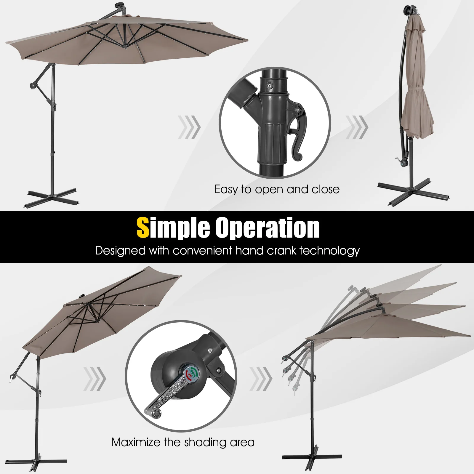 10 Feet Patio Solar Cantilever Umbrella, Tilting System, Brown - Image 10