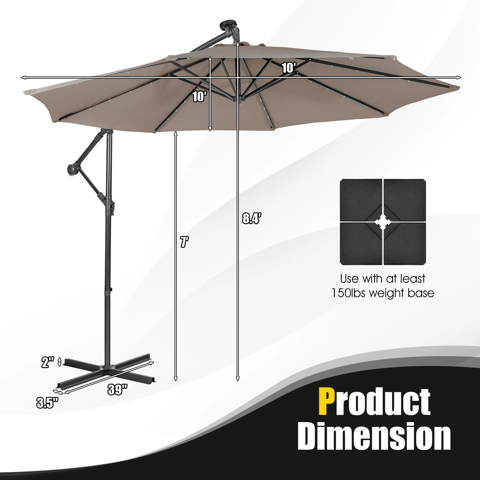 10 Feet Patio Solar Cantilever Umbrella, Tilting System, Brown - Image 5