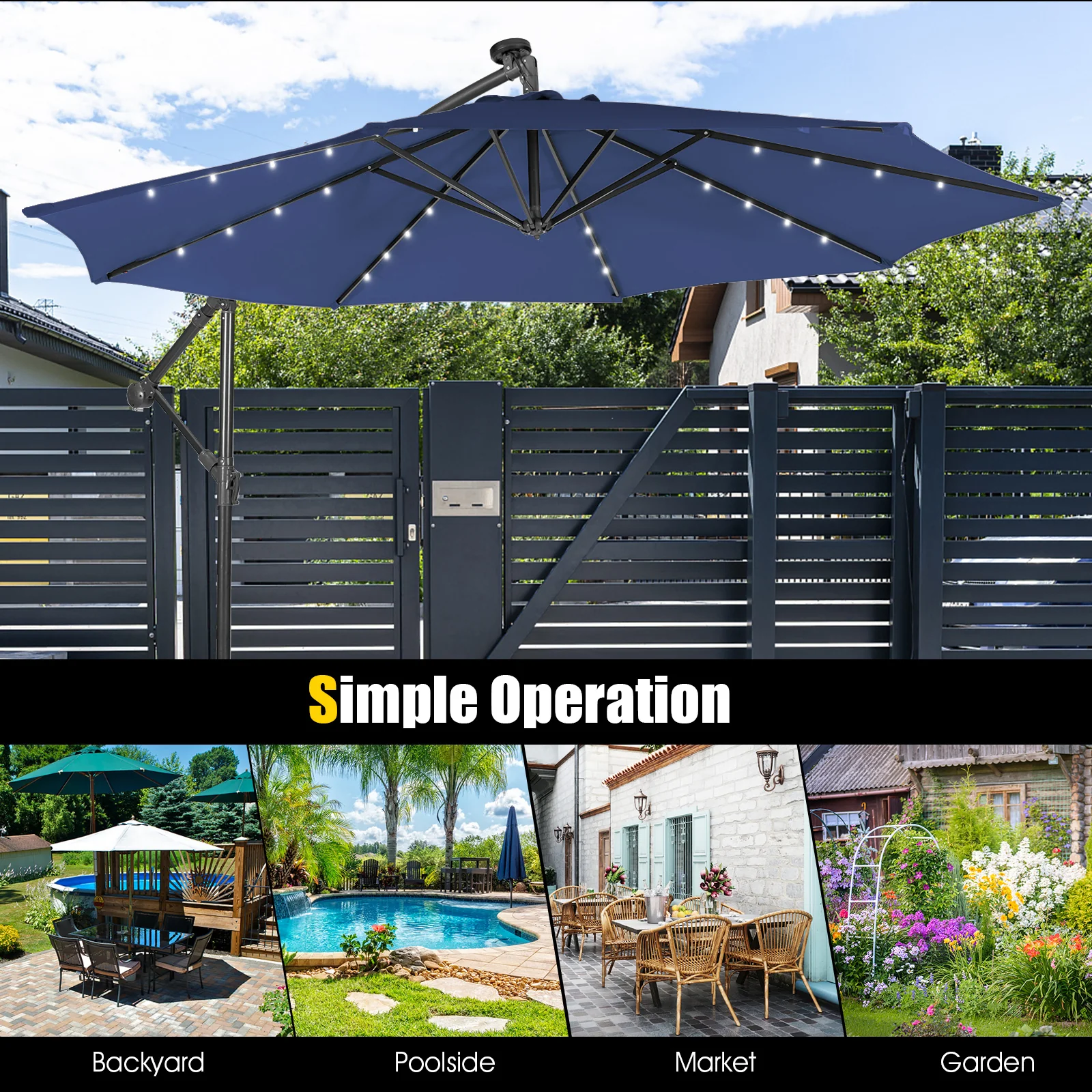 10 Feet Patio Solar Cantilever Umbrella, Tilting System, Navy - Image 6