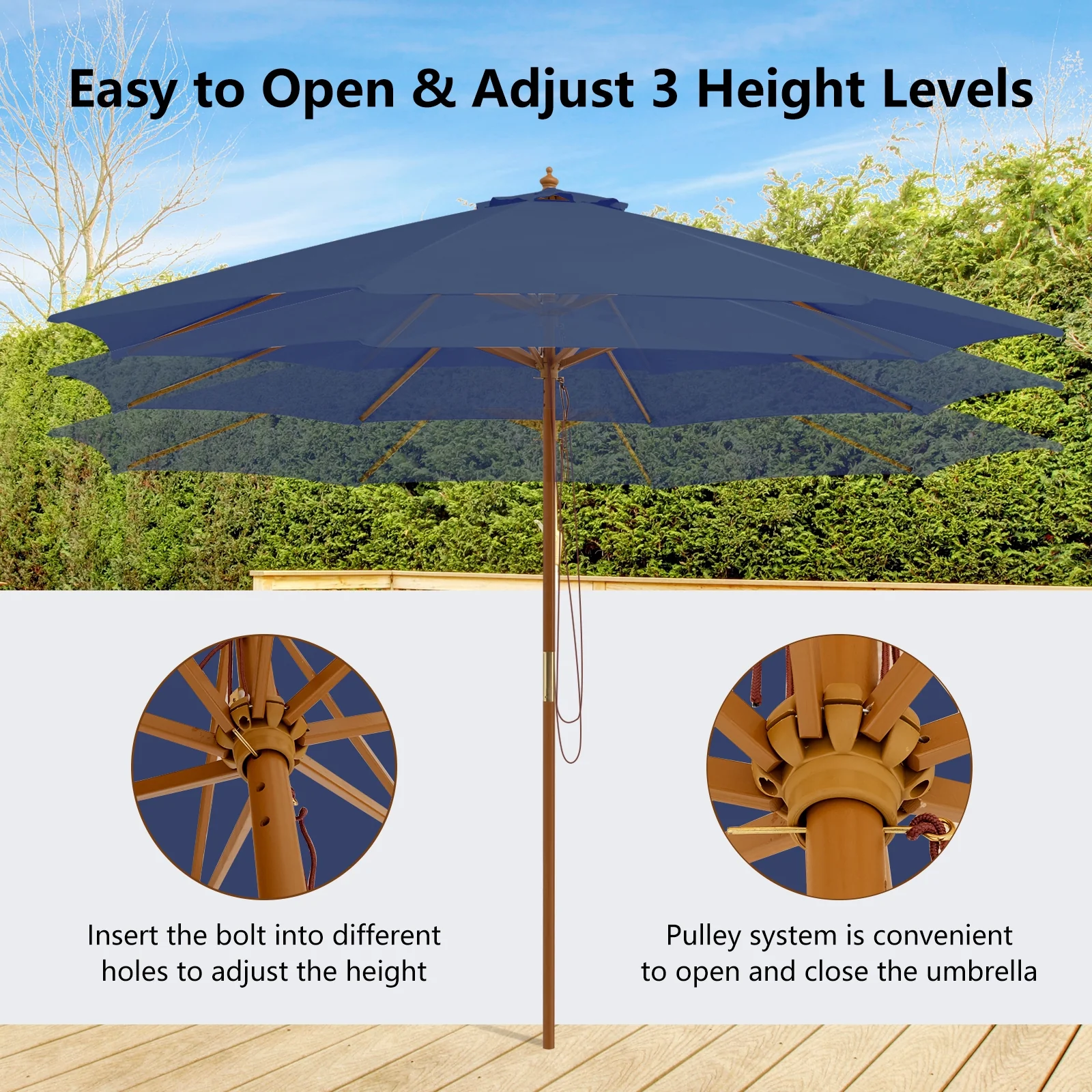 10 Feet Patio Umbrella, 8 Wooden Ribs, 3 Adjustable Heights, Navy - Image 10