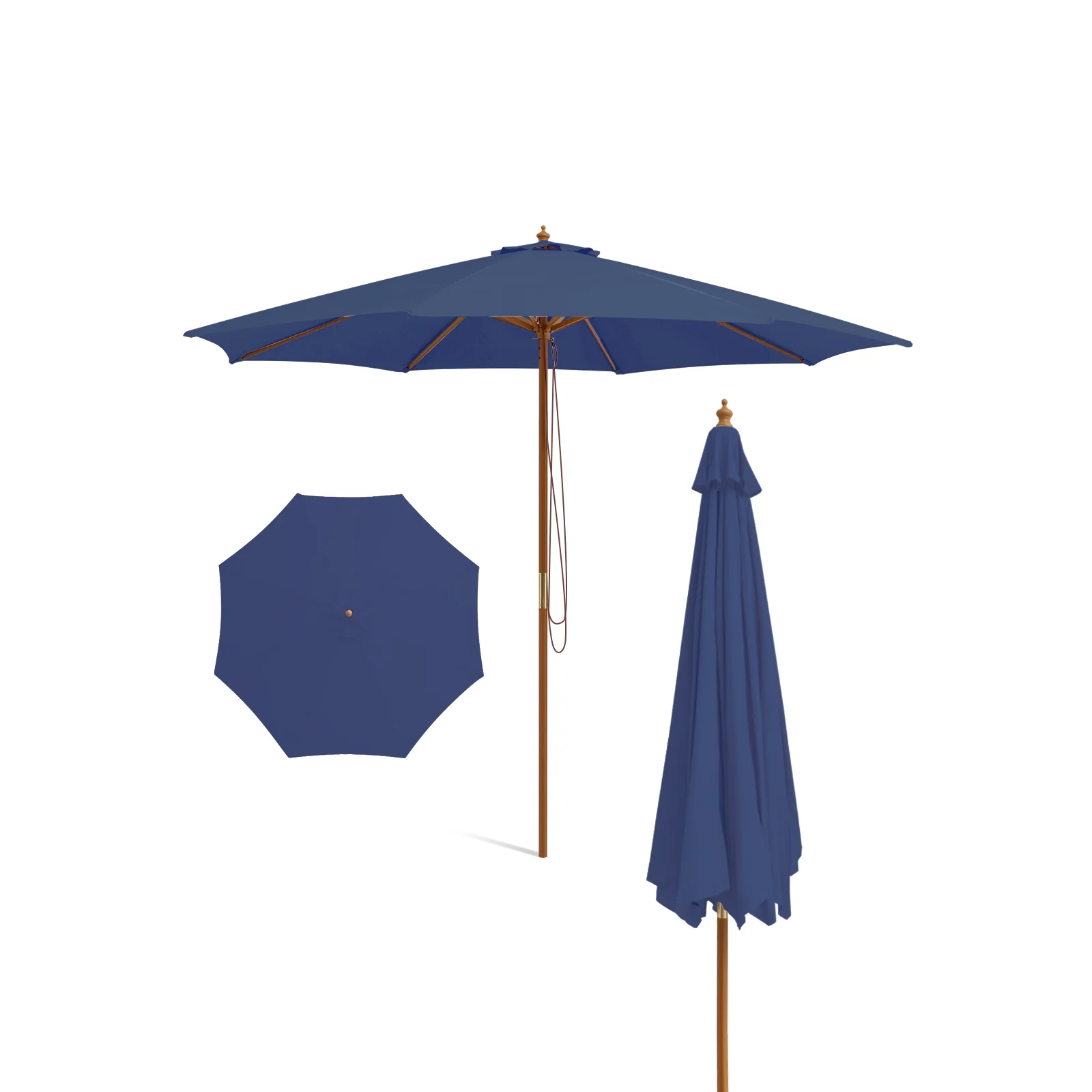 10 Feet Patio Umbrella, 8 Wooden Ribs, 3 Adjustable Heights, Navy - Image 4