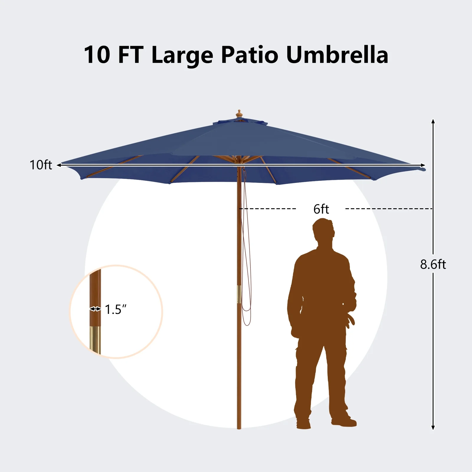 10 Feet Patio Umbrella, 8 Wooden Ribs, 3 Adjustable Heights, Navy - Image 5