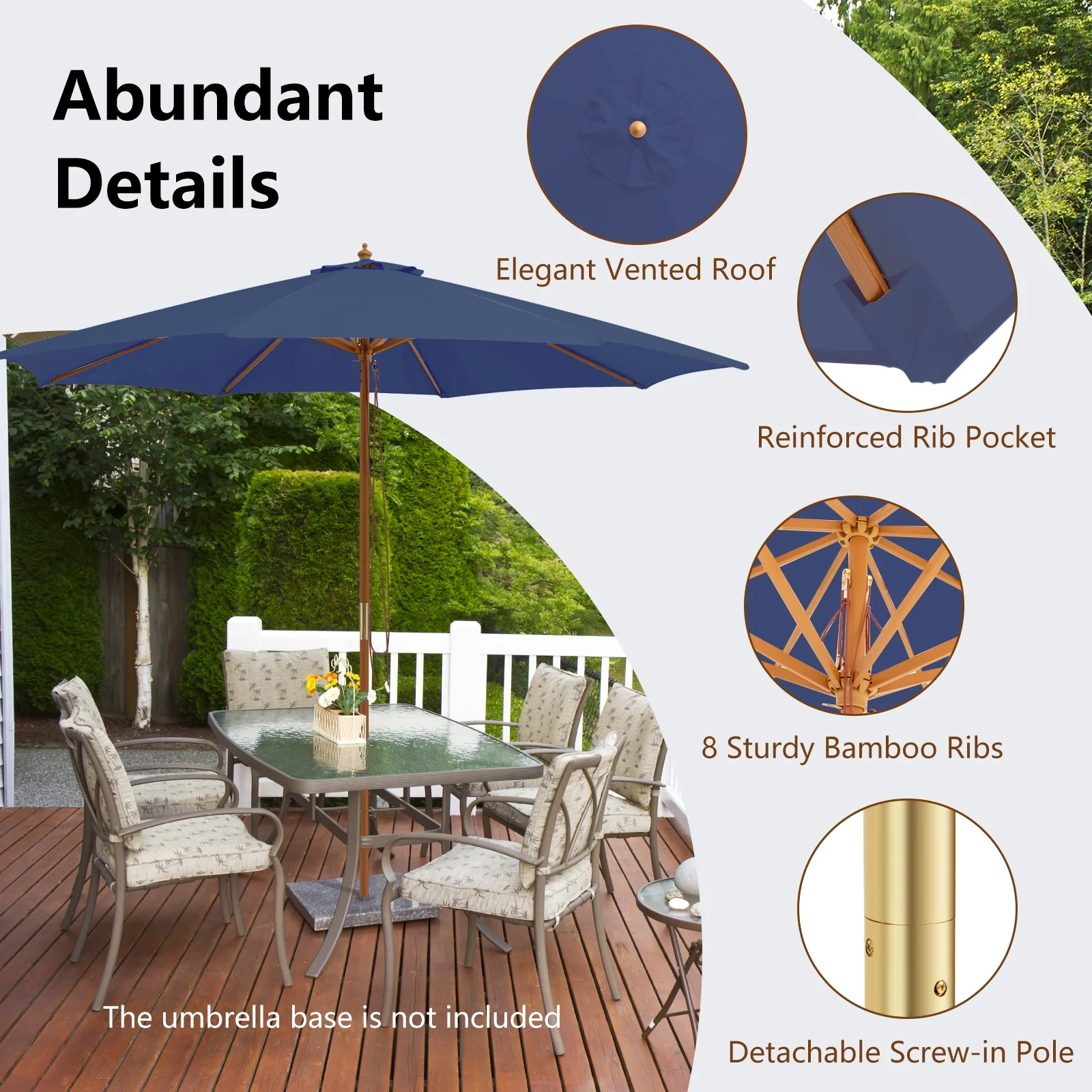 10 Feet Patio Umbrella, 8 Wooden Ribs, 3 Adjustable Heights, Navy - Image 7