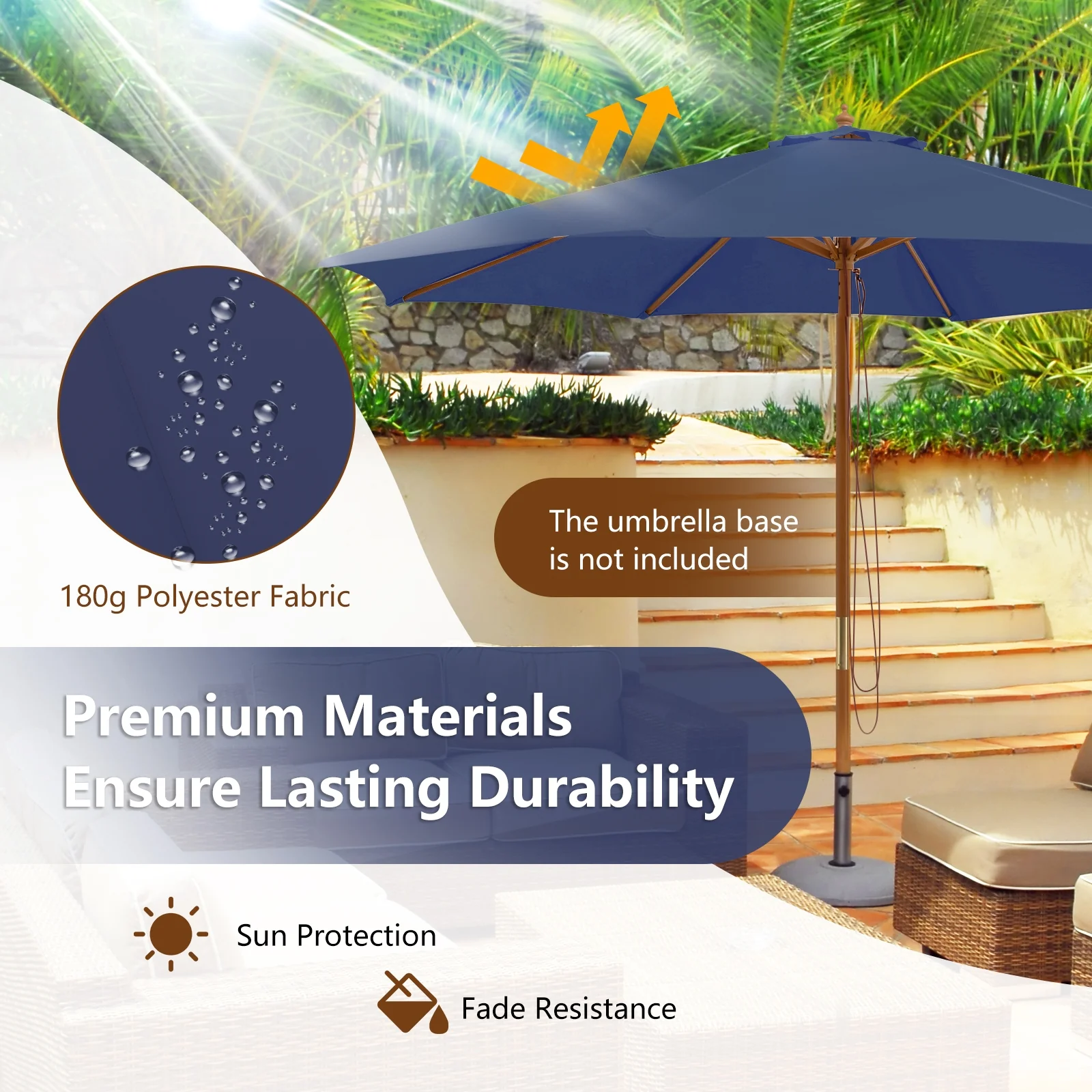 10 Feet Patio Umbrella, 8 Wooden Ribs, 3 Adjustable Heights, Navy - Image 8