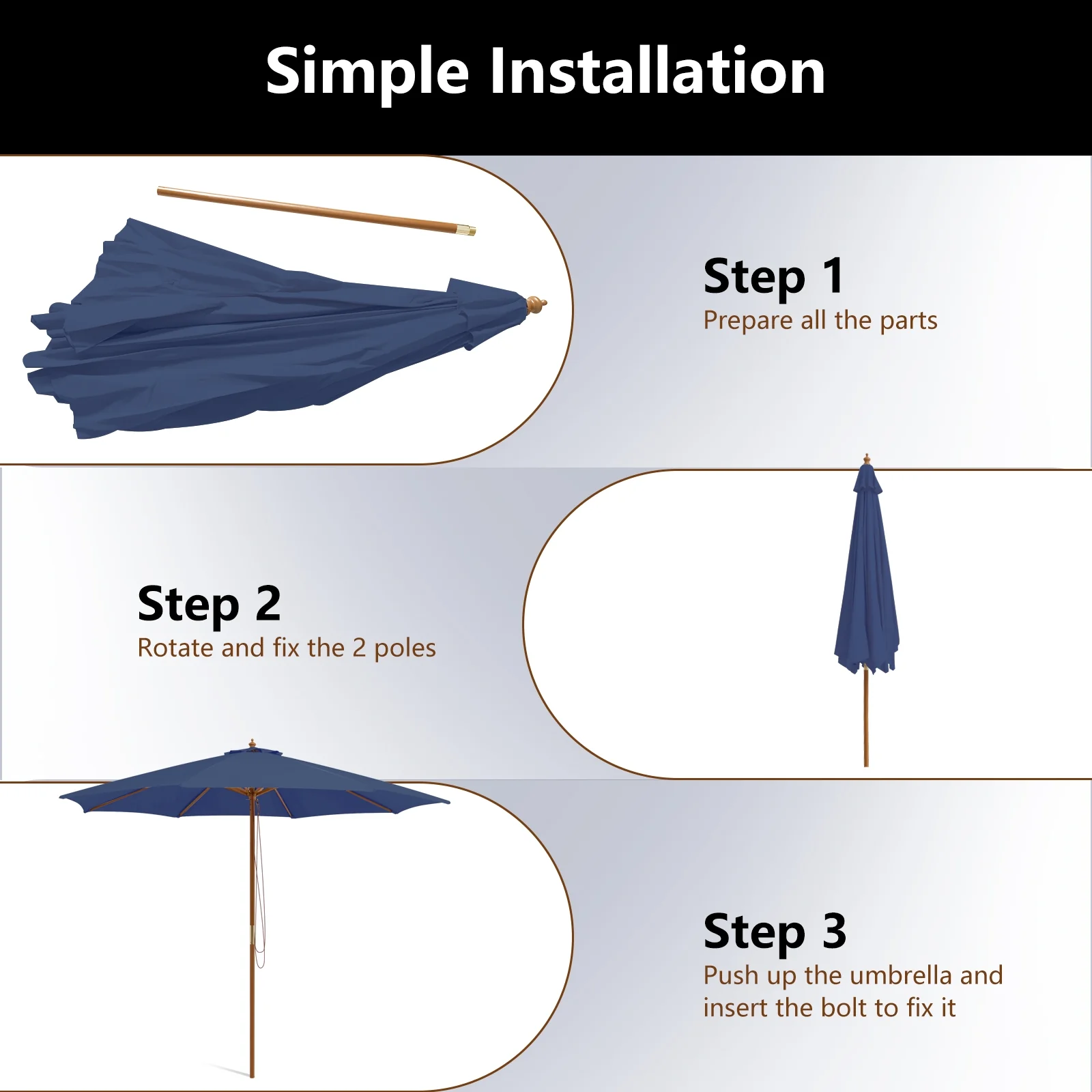 10 Feet Patio Umbrella, 8 Wooden Ribs, 3 Adjustable Heights, Navy - Image 9