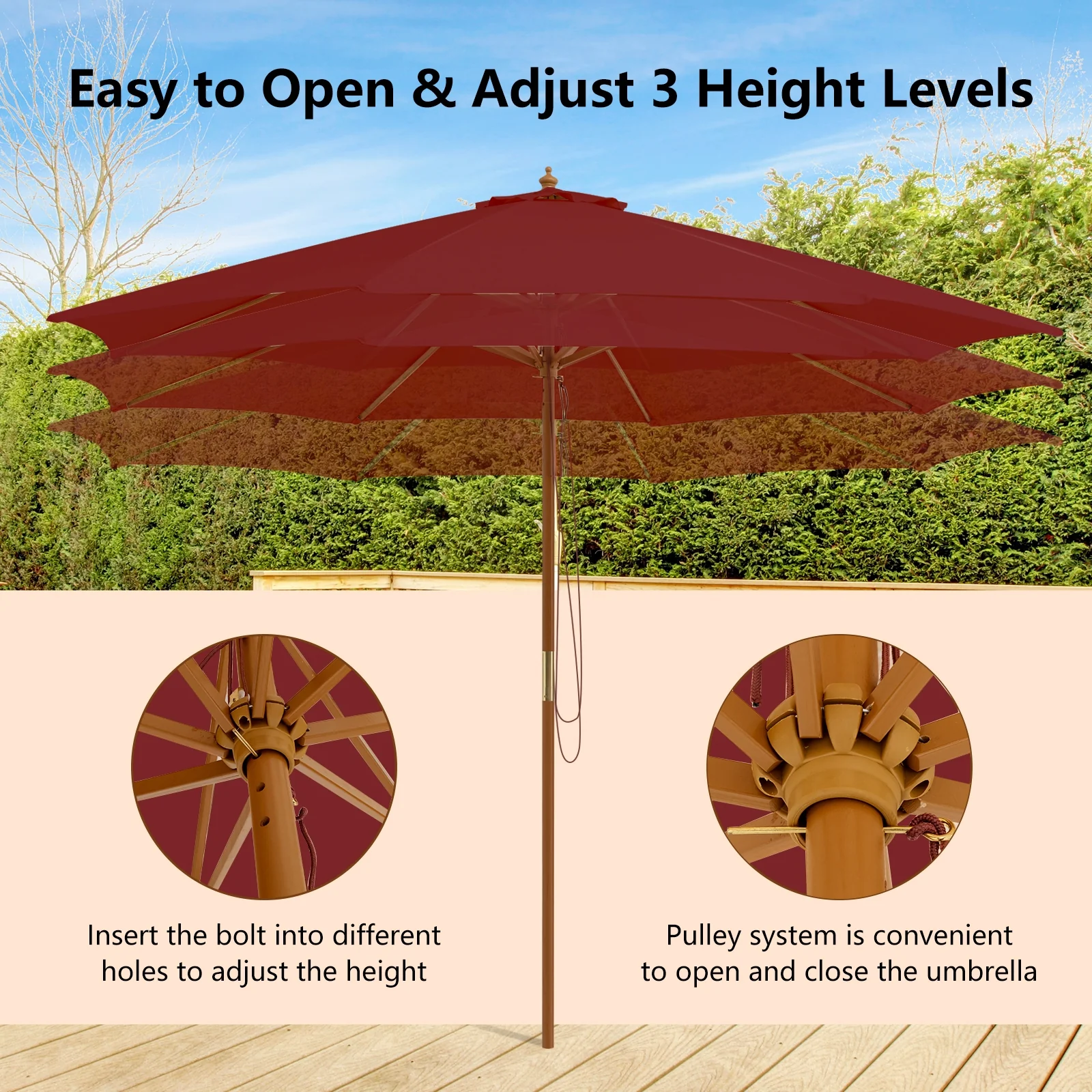 10 Feet Patio Umbrella, 8 Wooden Ribs, 3 Adjustable Heights, Wine - Image 10