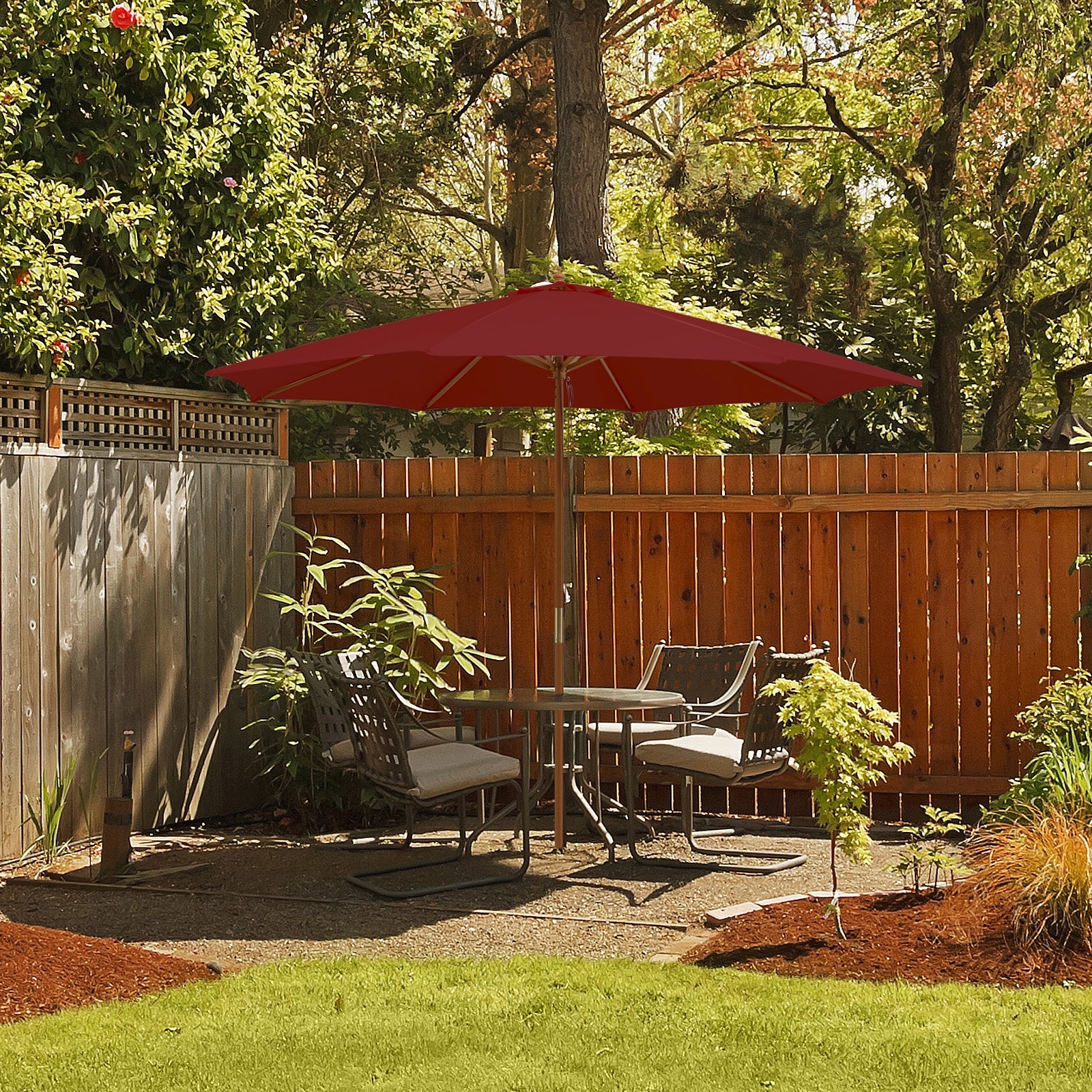 10 Feet Patio Umbrella, 8 Wooden Ribs, 3 Adjustable Heights, Wine - Image 2
