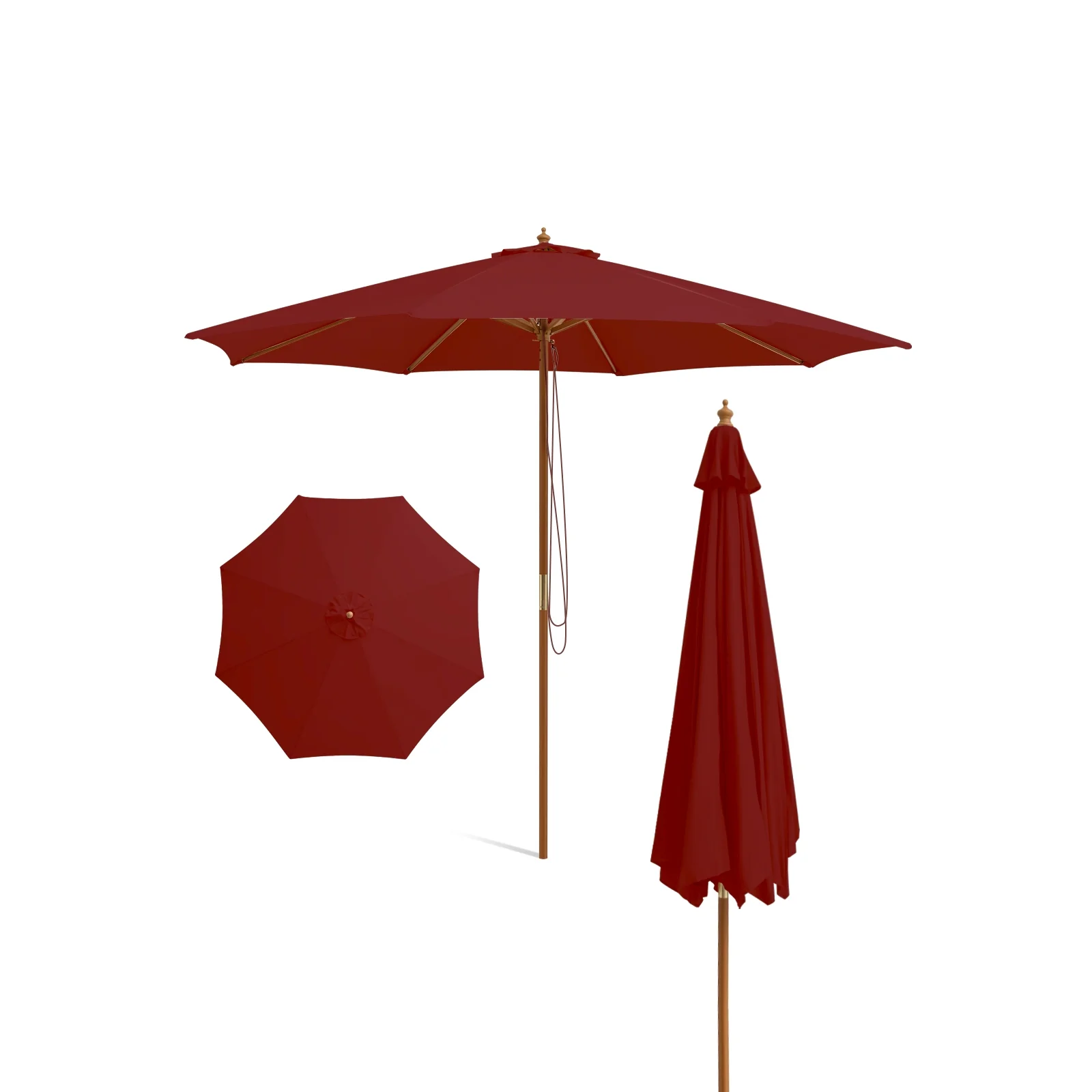 10 Feet Patio Umbrella, 8 Wooden Ribs, 3 Adjustable Heights, Wine - Image 4