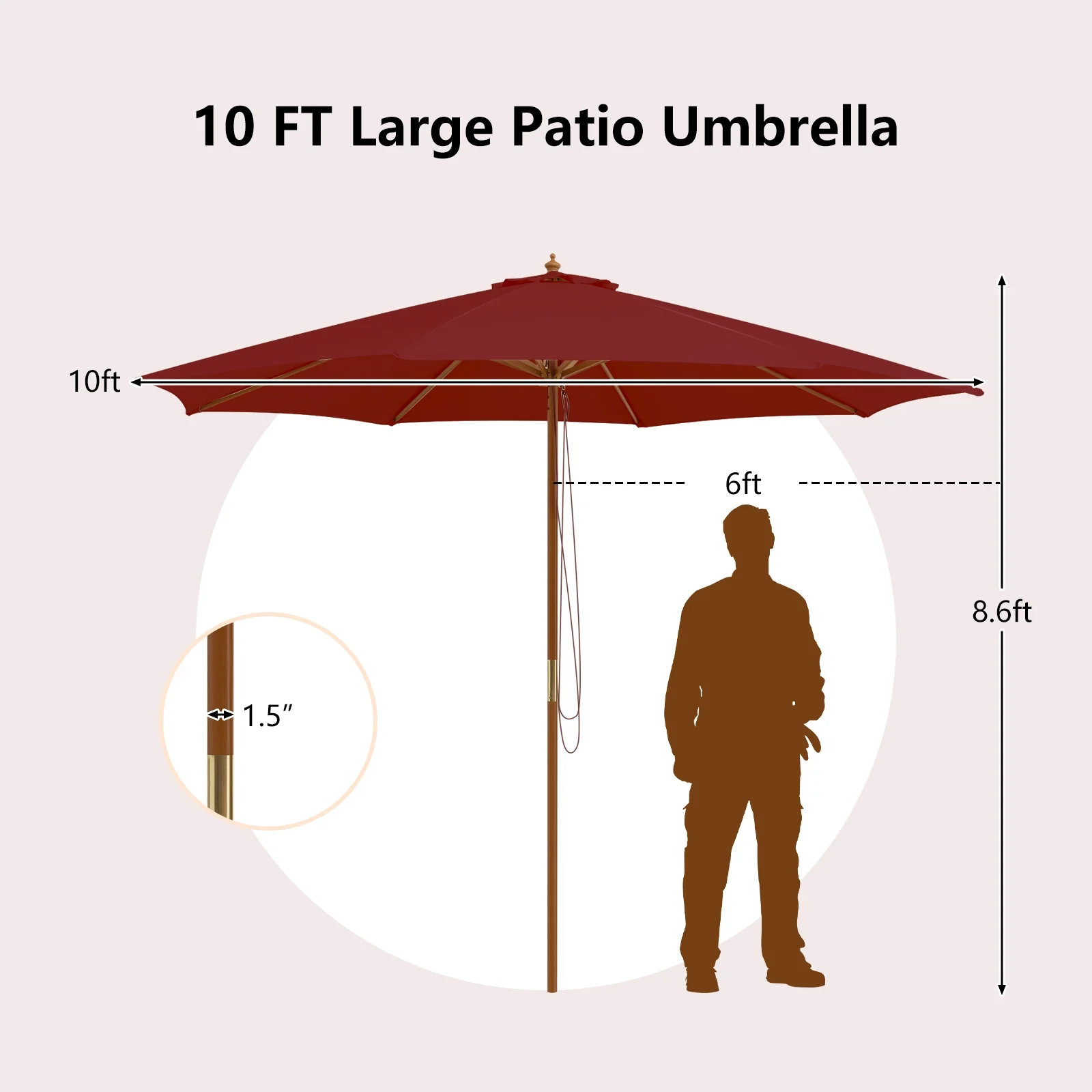 10 Feet Patio Umbrella, 8 Wooden Ribs, 3 Adjustable Heights, Wine - Image 5