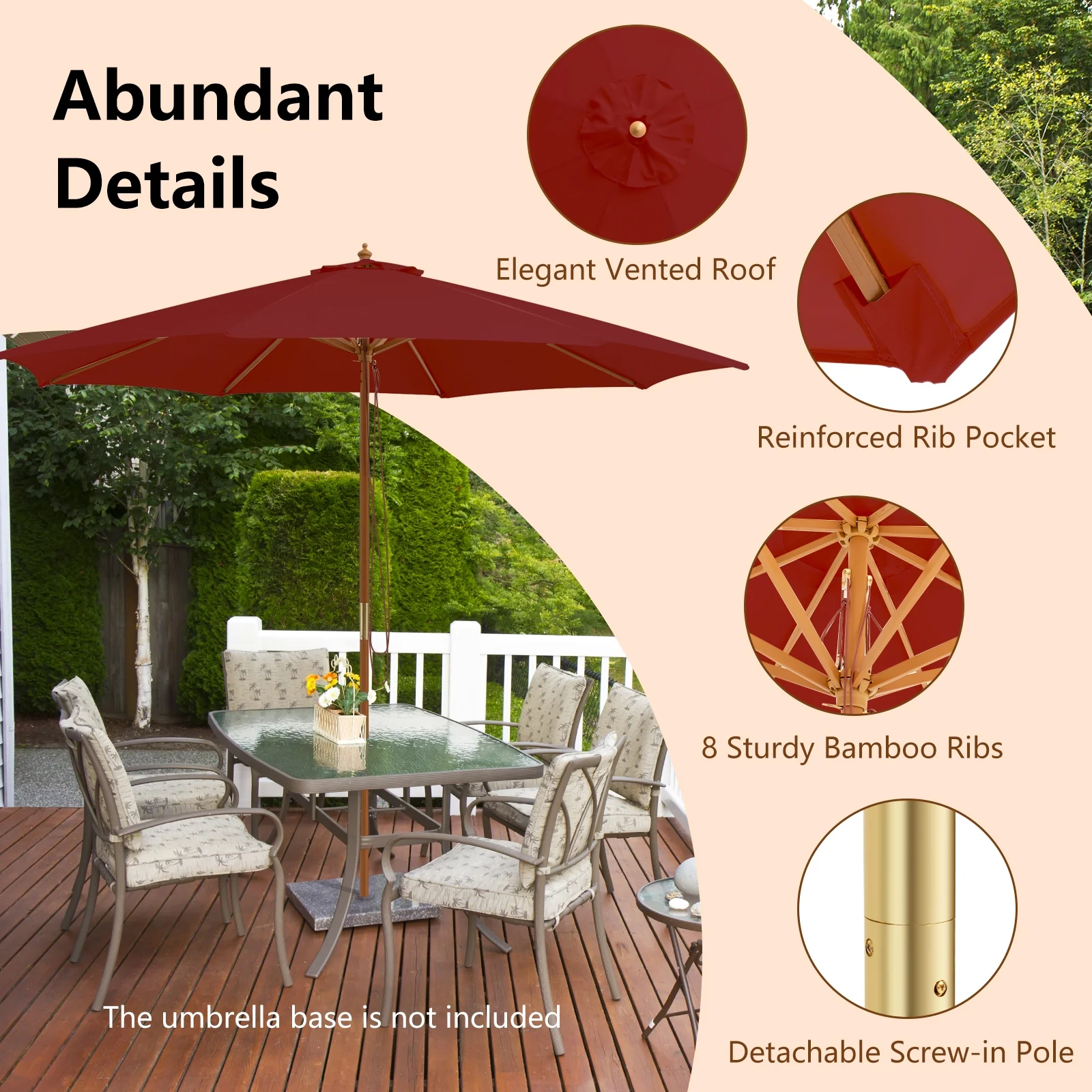 10 Feet Patio Umbrella, 8 Wooden Ribs, 3 Adjustable Heights, Wine - Image 7