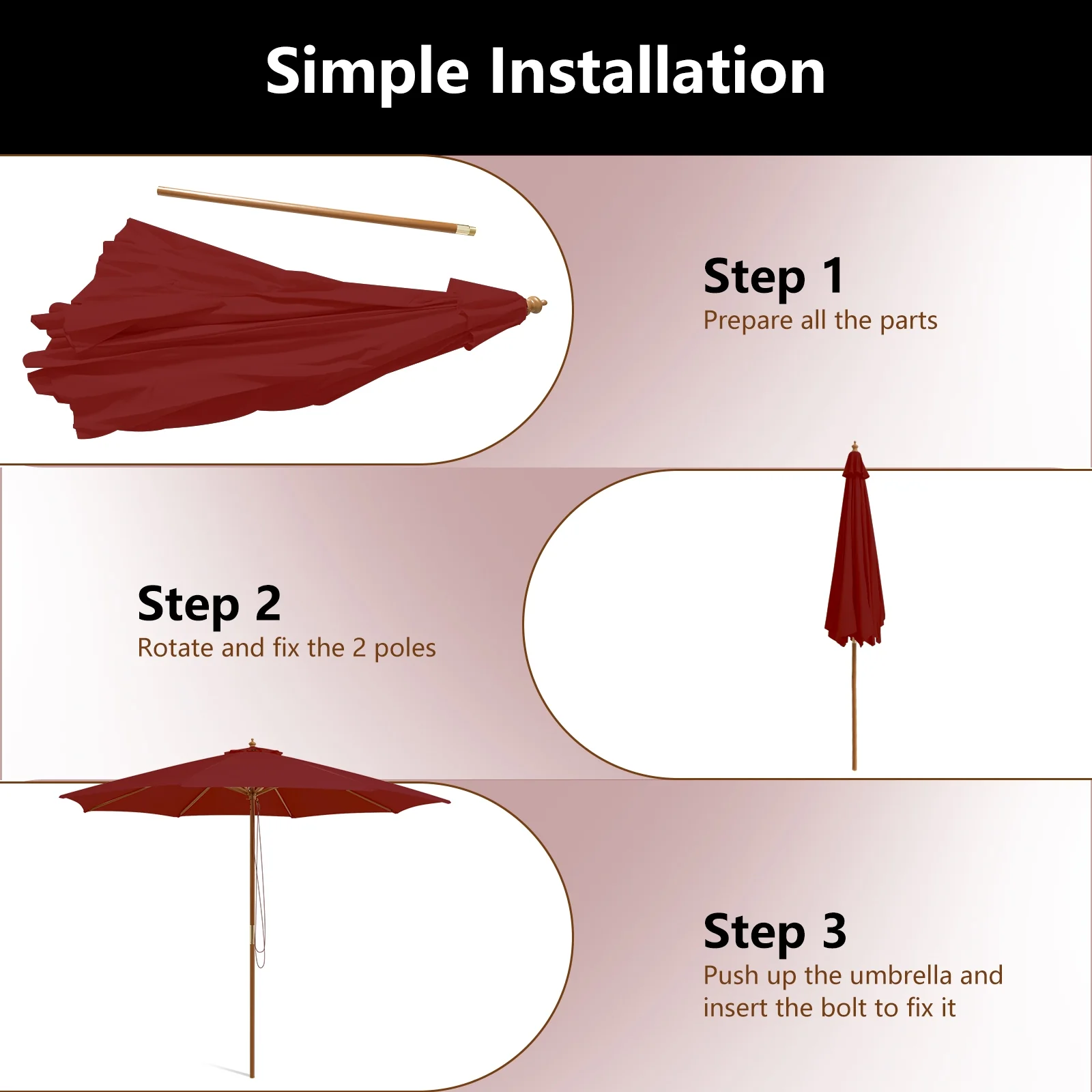 10 Feet Patio Umbrella, 8 Wooden Ribs, 3 Adjustable Heights, Wine - Image 9