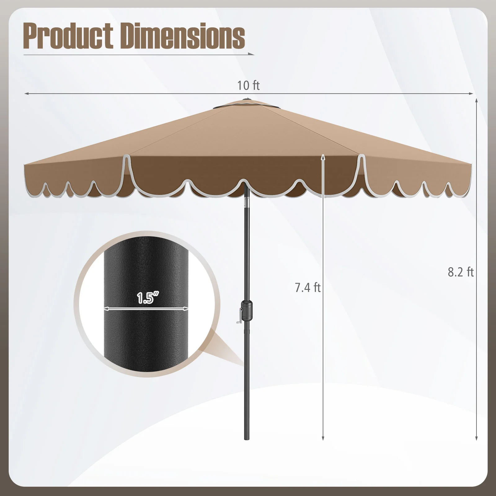 10 Feet Patio Umbrella, Outdoor Market Umbrella, Crank Tilt Adjustment, Coffee - Image 6
