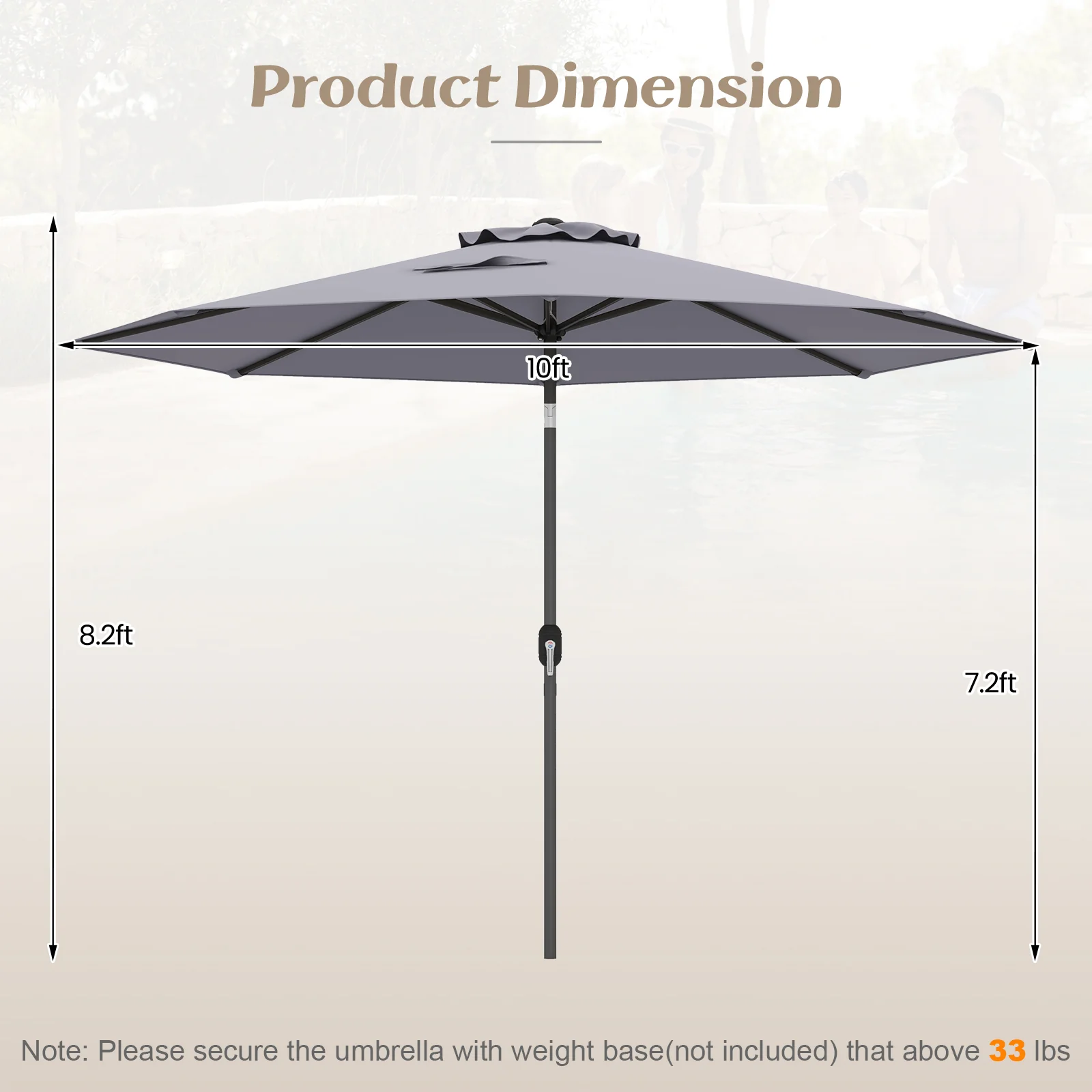 10 Feet Patio Umbrella, Tilt Crank, Gray - Image 5