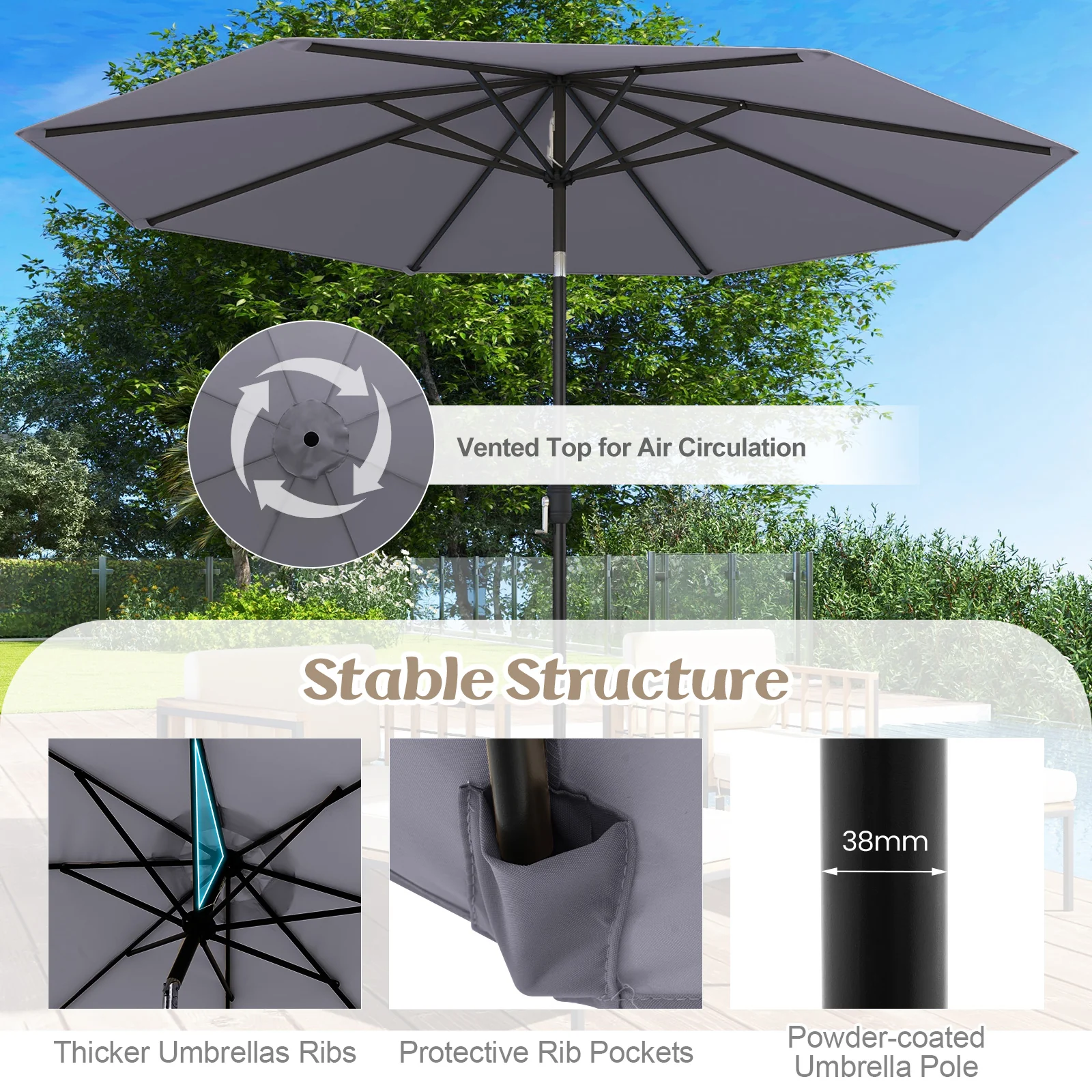 10 Feet Patio Umbrella, Tilt Crank, Gray - Image 7