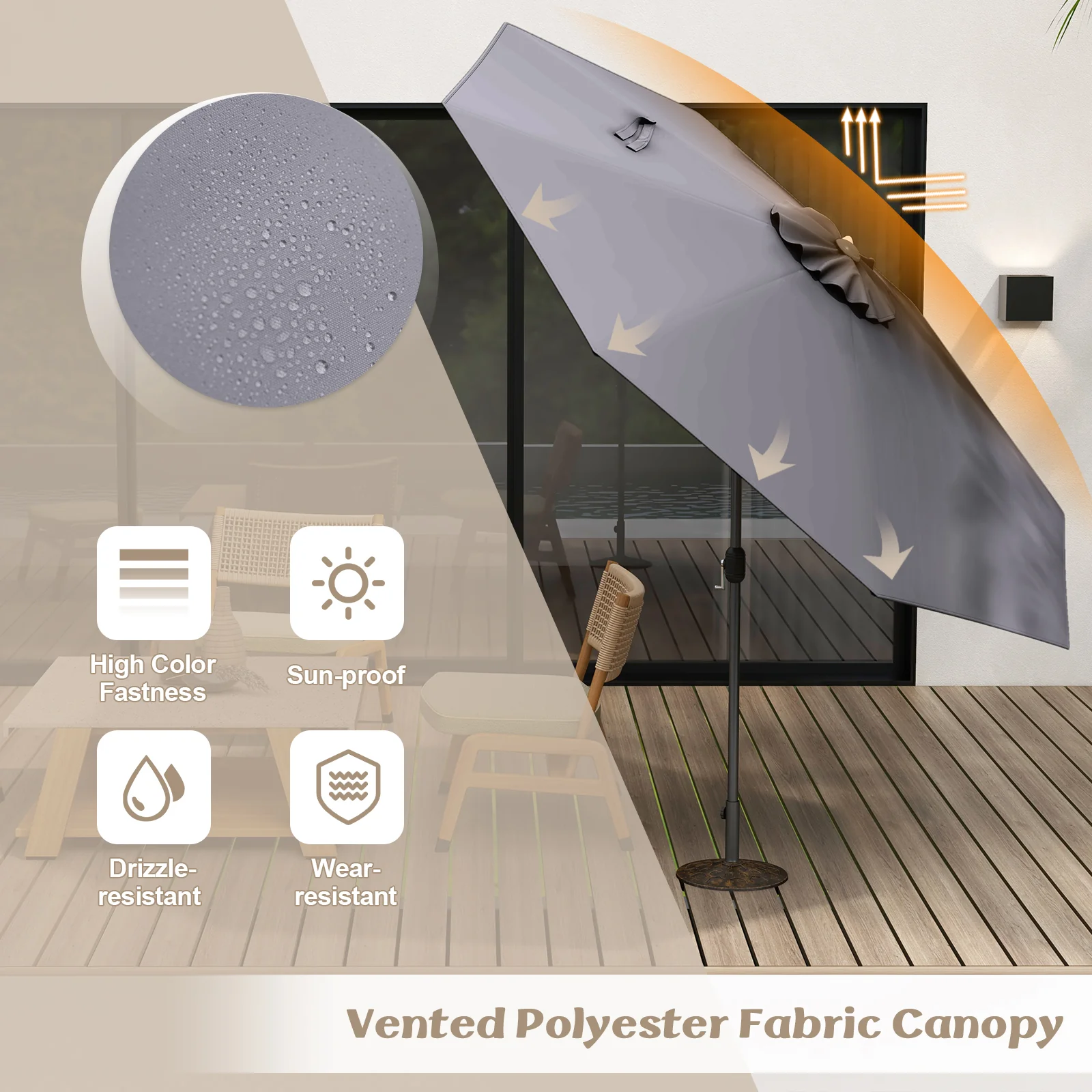 10 Feet Patio Umbrella, Tilt Crank, Gray - Image 9
