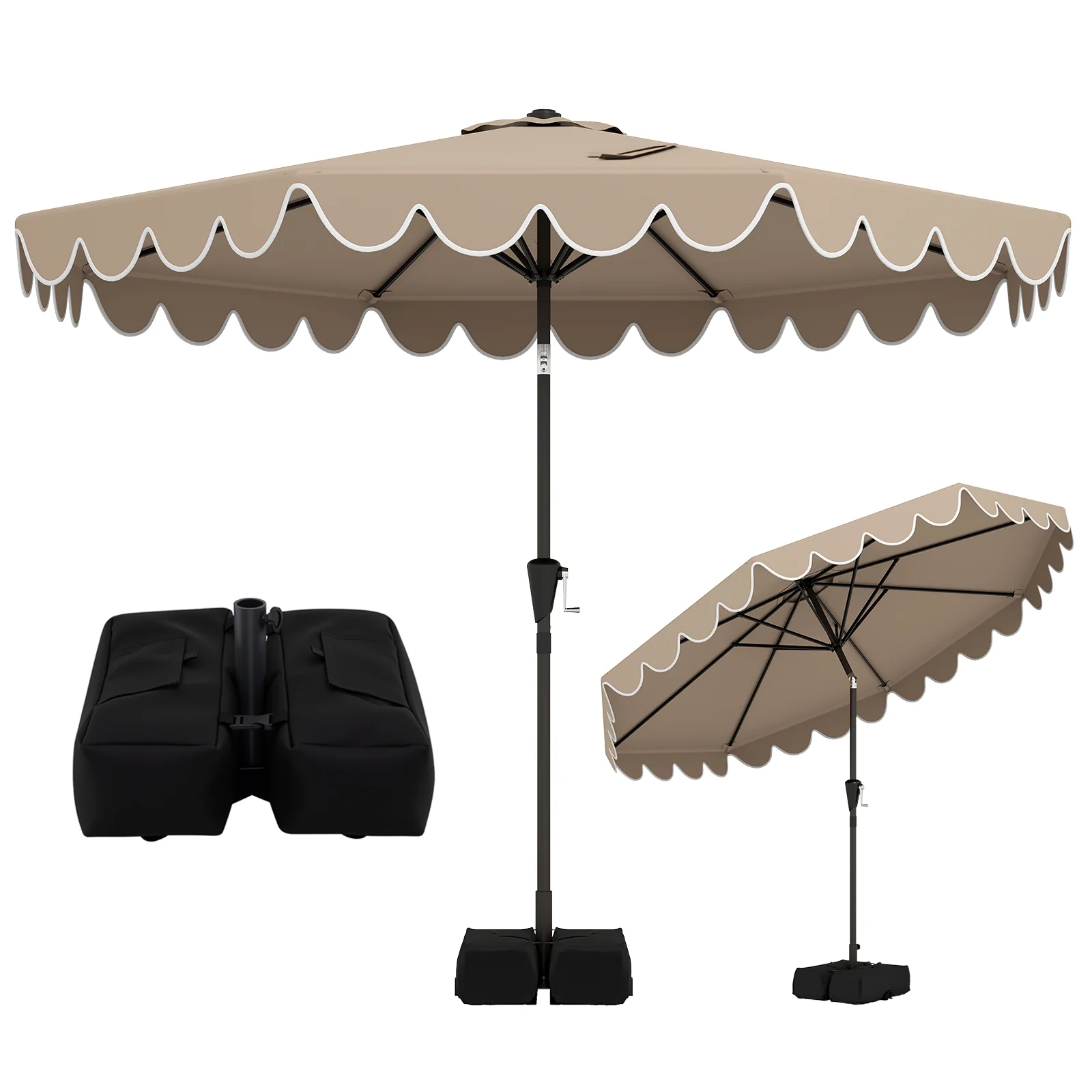 10 Feet Patio Umbrella, Weighted Base, Sandbags, Brown