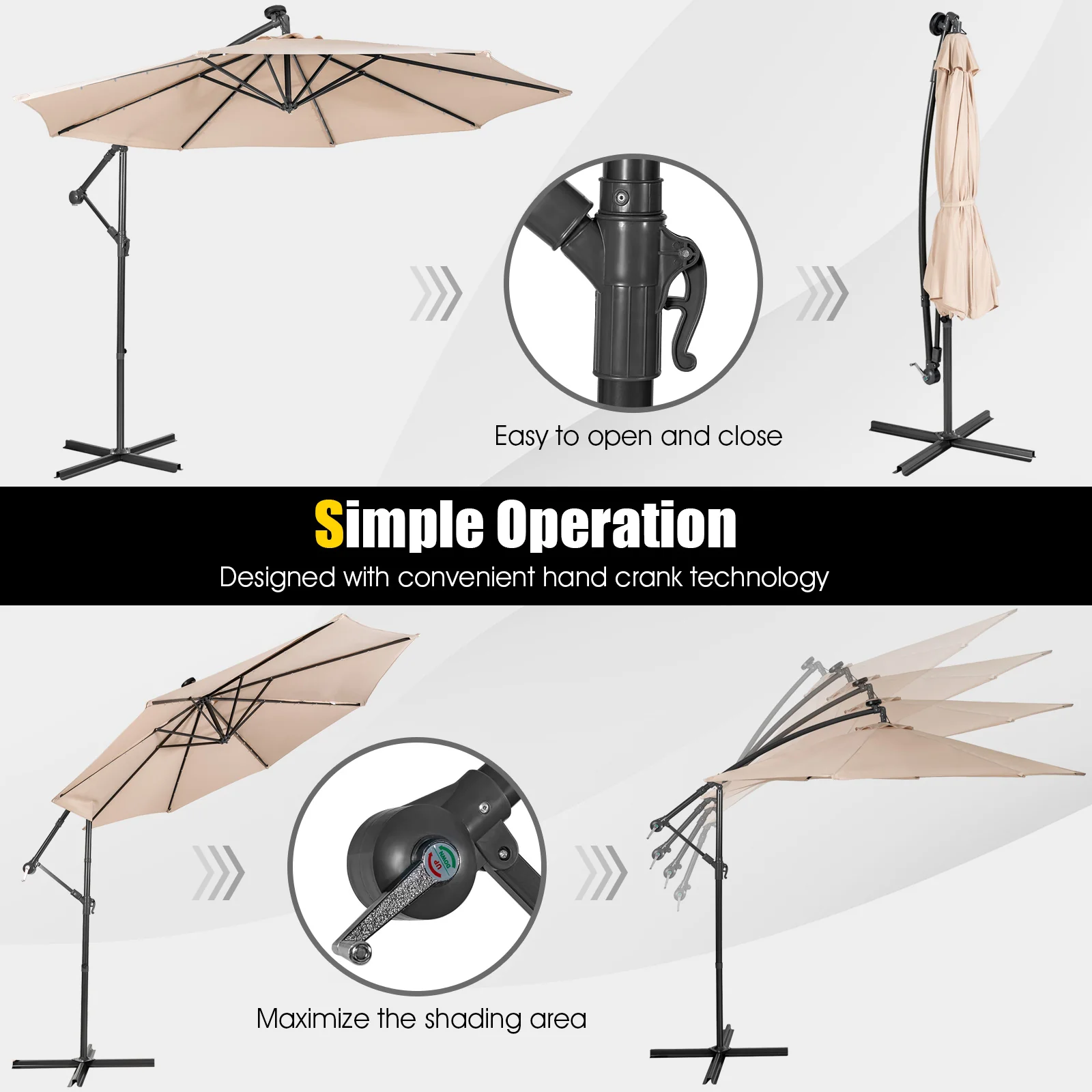 10 Feet Solar Cantilever Umbrella, Tilting System, Beige - Image 10