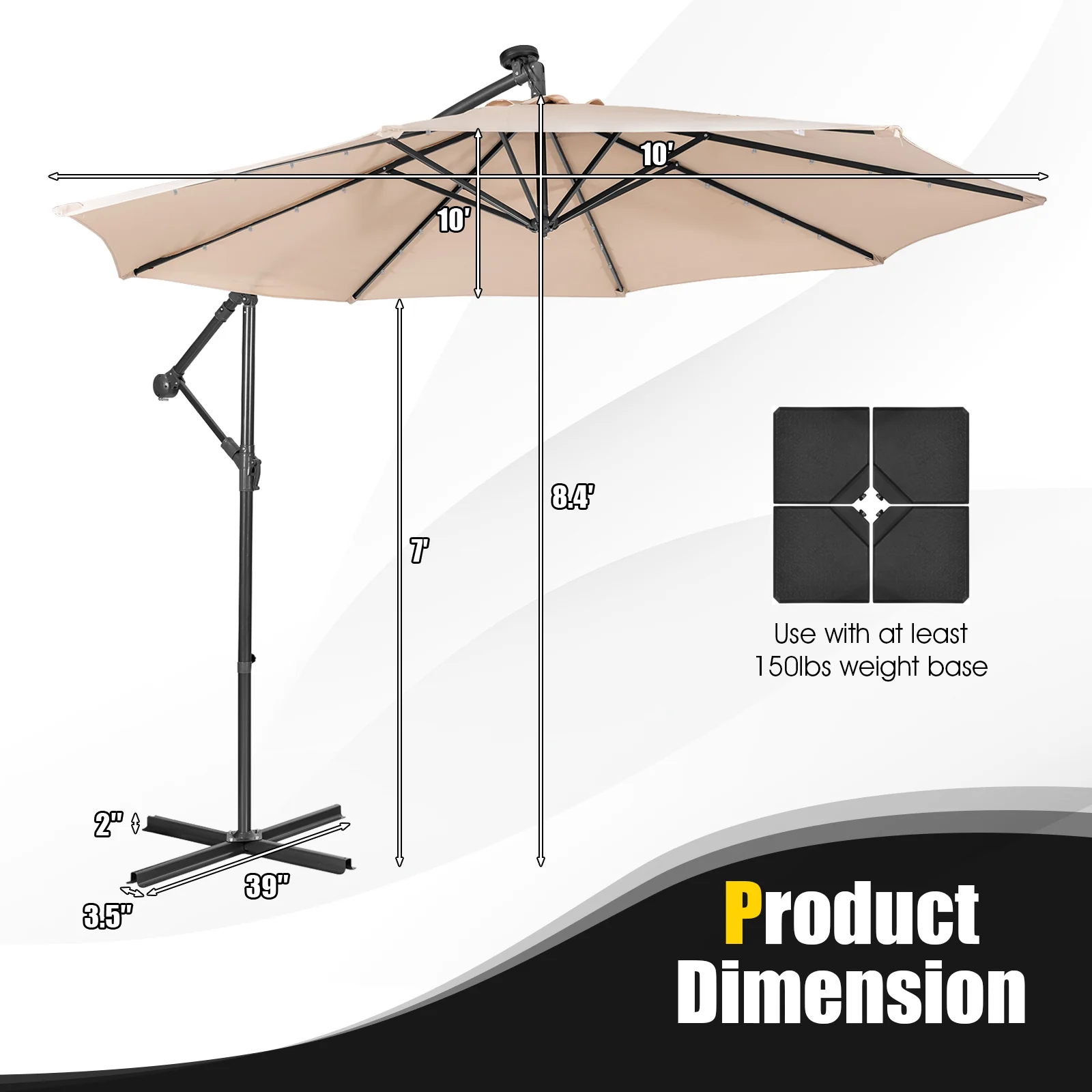 10 Feet Solar Cantilever Umbrella, Tilting System, Beige - Image 5