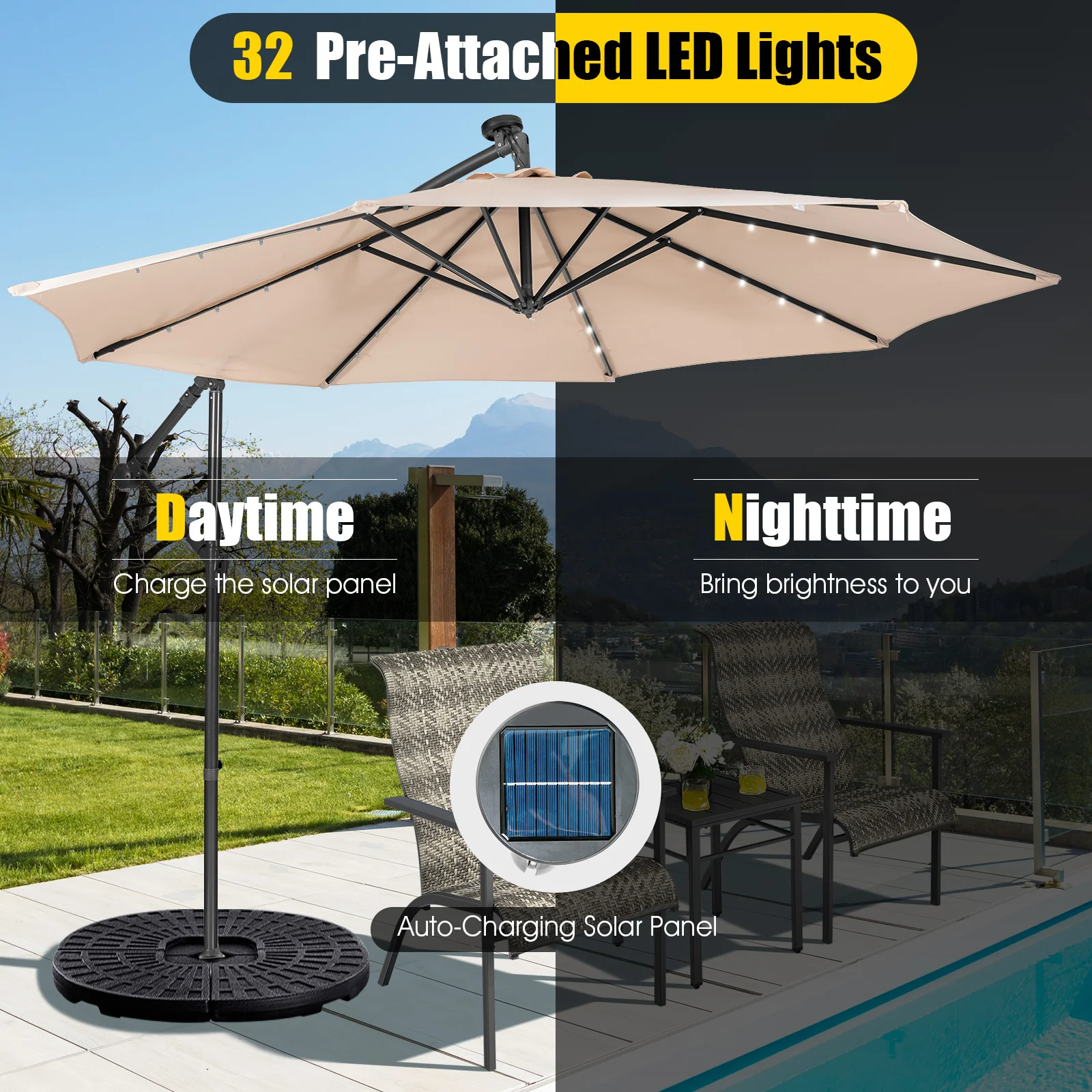 10 Feet Solar Cantilever Umbrella, Tilting System, Beige - Image 9