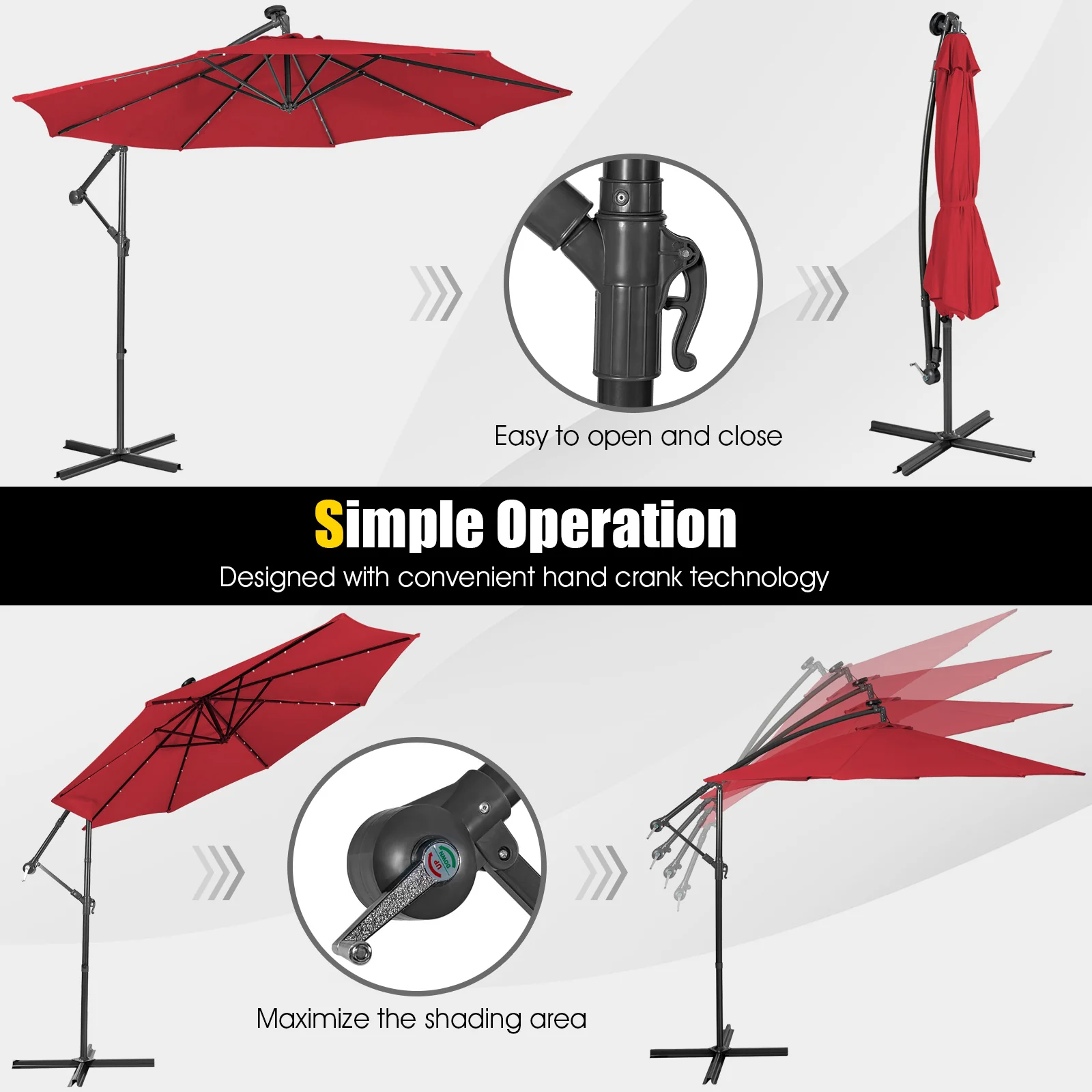 10 Feet Solar Cantilever Umbrella, Tilting System, Red - Image 10