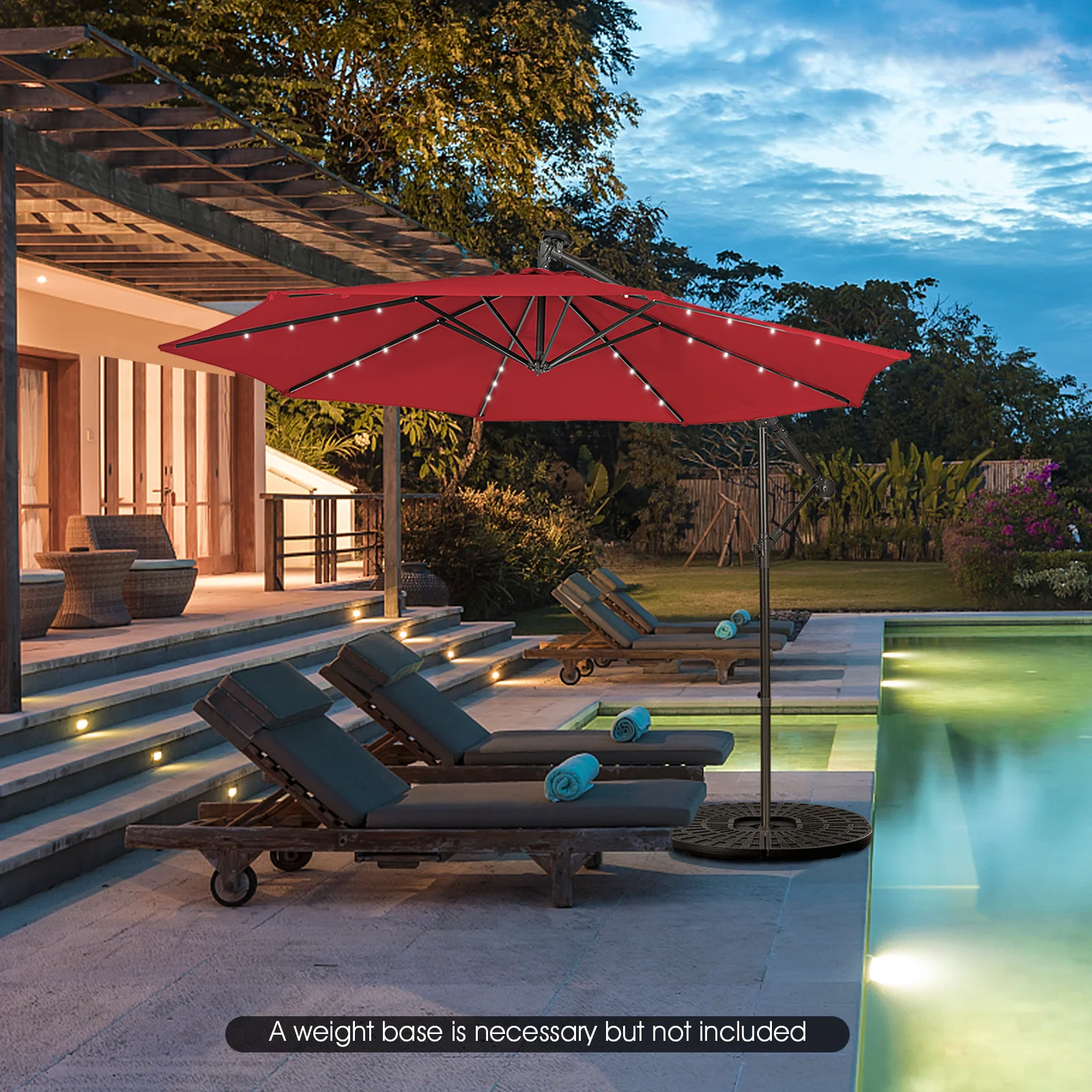 10 Feet Solar Cantilever Umbrella, Tilting System, Red - Image 3
