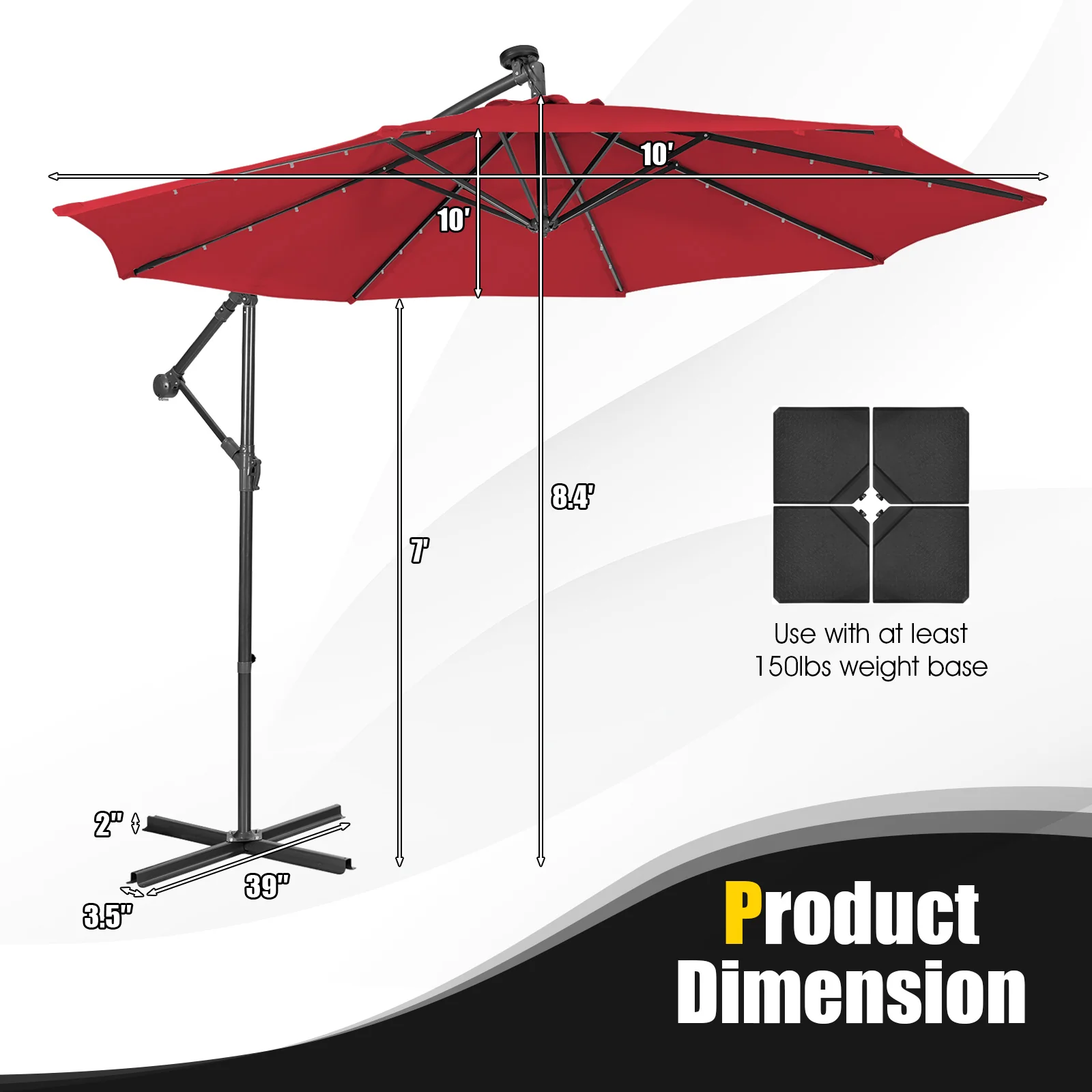 10 Feet Solar Cantilever Umbrella, Tilting System, Red - Image 5