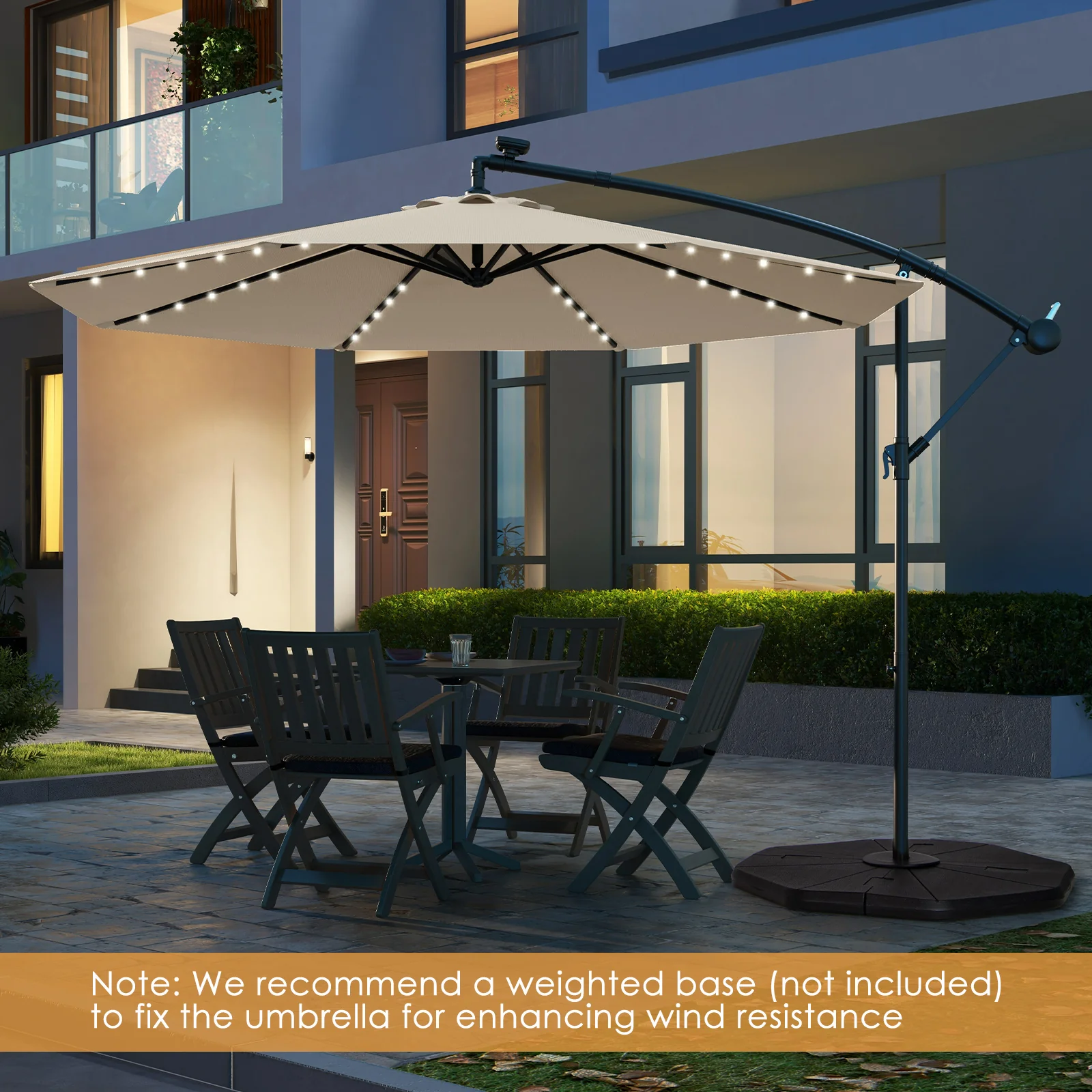 10 Feet Solar Offset Hanging Umbrella, 40 Lamp Beads, Beige - Image 3