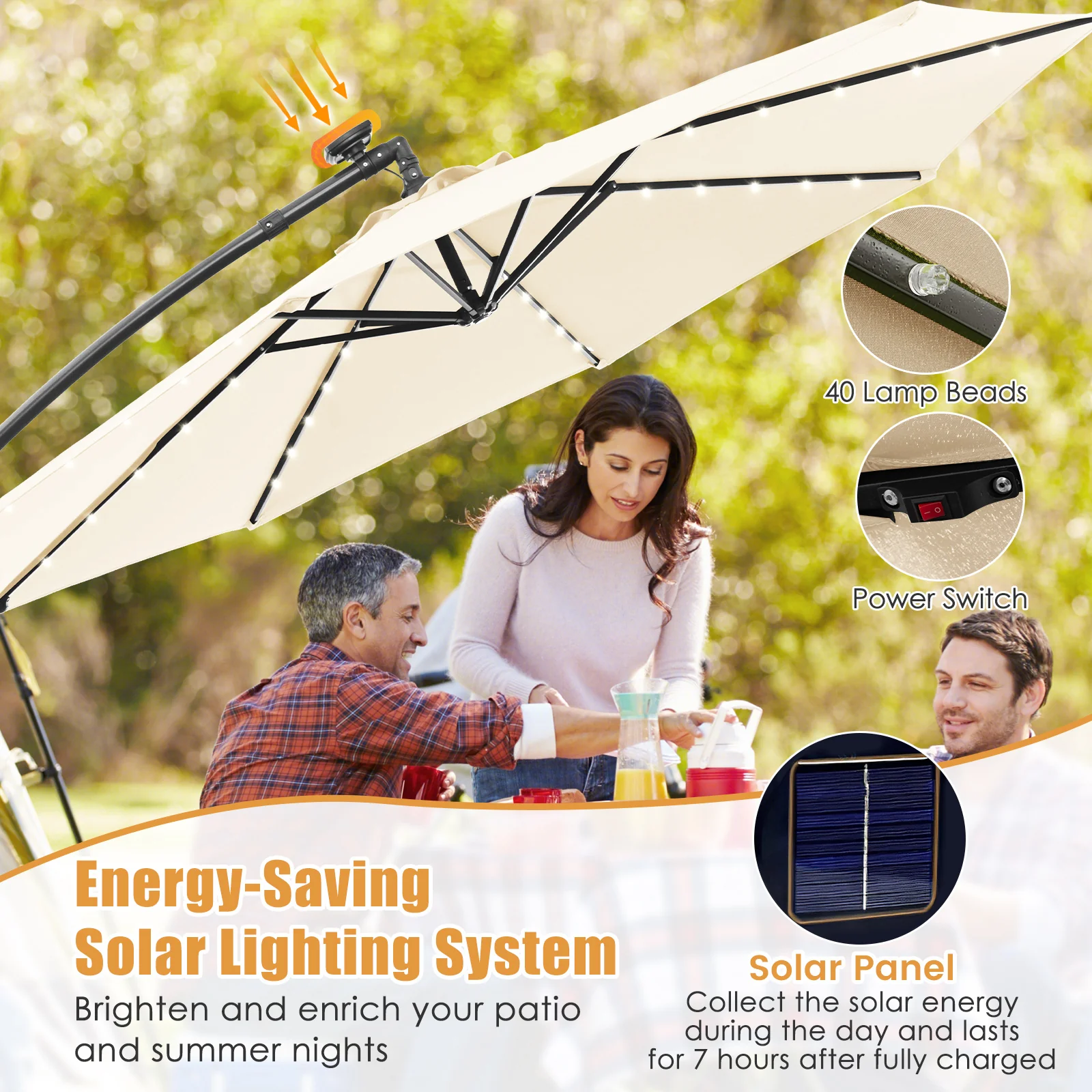 10 Feet Solar Offset Hanging Umbrella, 40 Lamp Beads, Beige - Image 9
