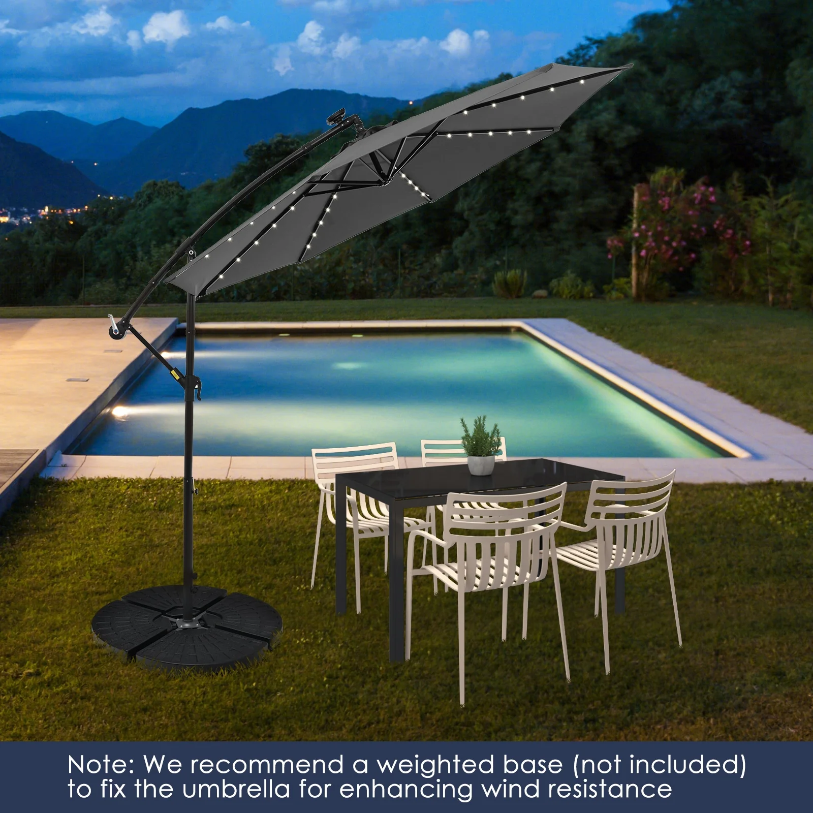 10 Feet Solar Offset Hanging Umbrella, 40 Lamp Beads, Gray - Image 3