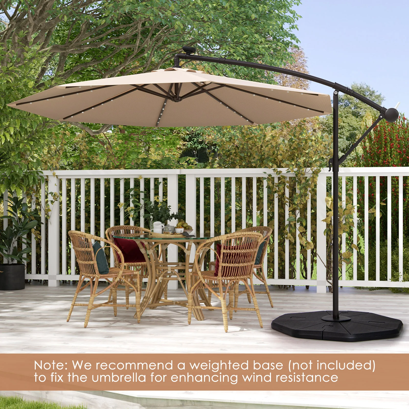 10 Feet Solar Offset Hanging Umbrella, 40 Lamp Beads, Tan - Image 2