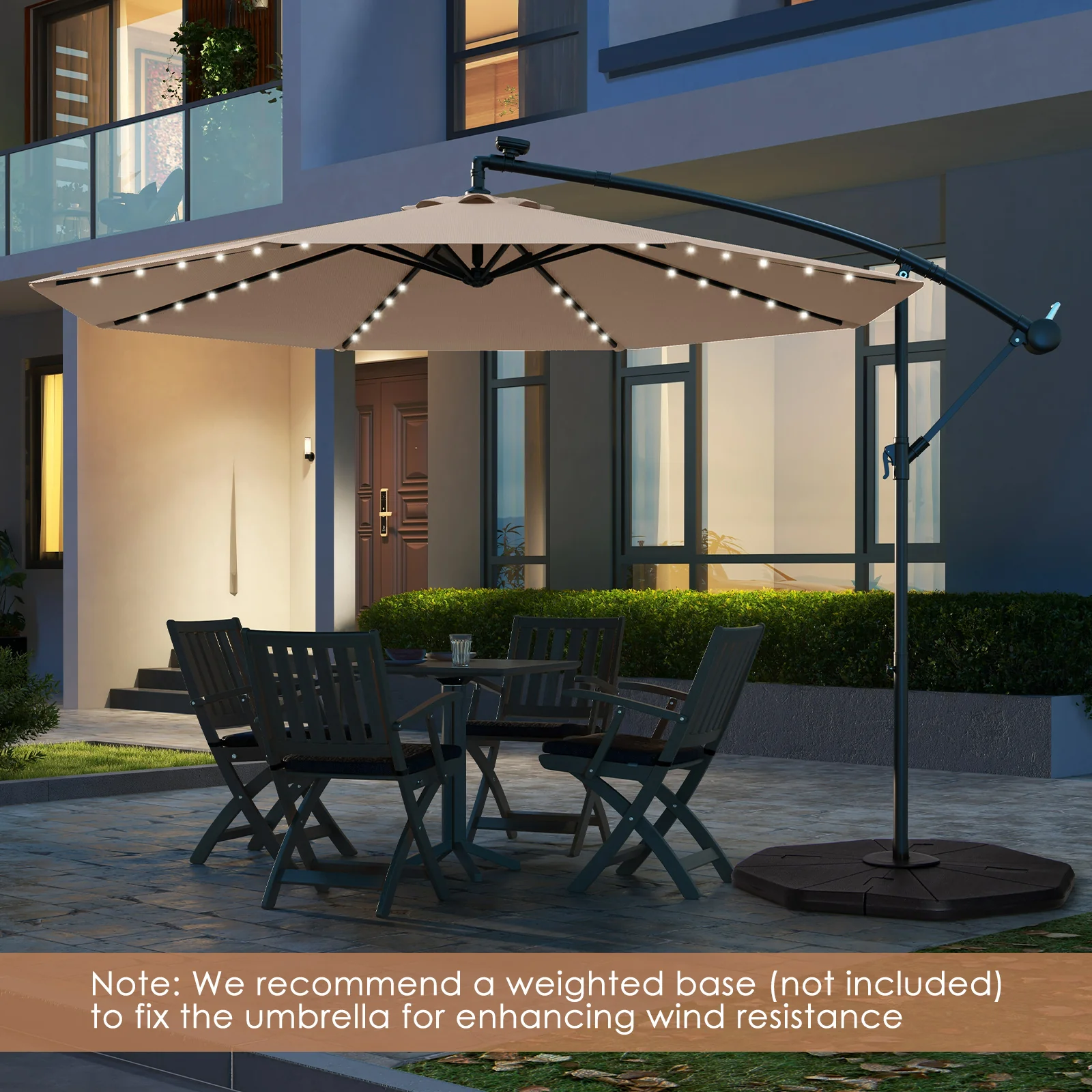 10 Feet Solar Offset Hanging Umbrella, 40 Lamp Beads, Tan - Image 3