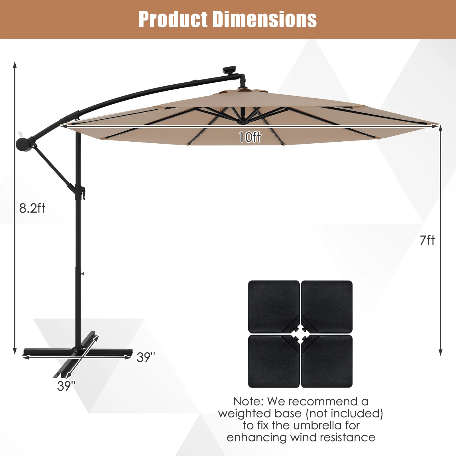 10 Feet Solar Offset Hanging Umbrella, 40 Lamp Beads, Tan - Image 6